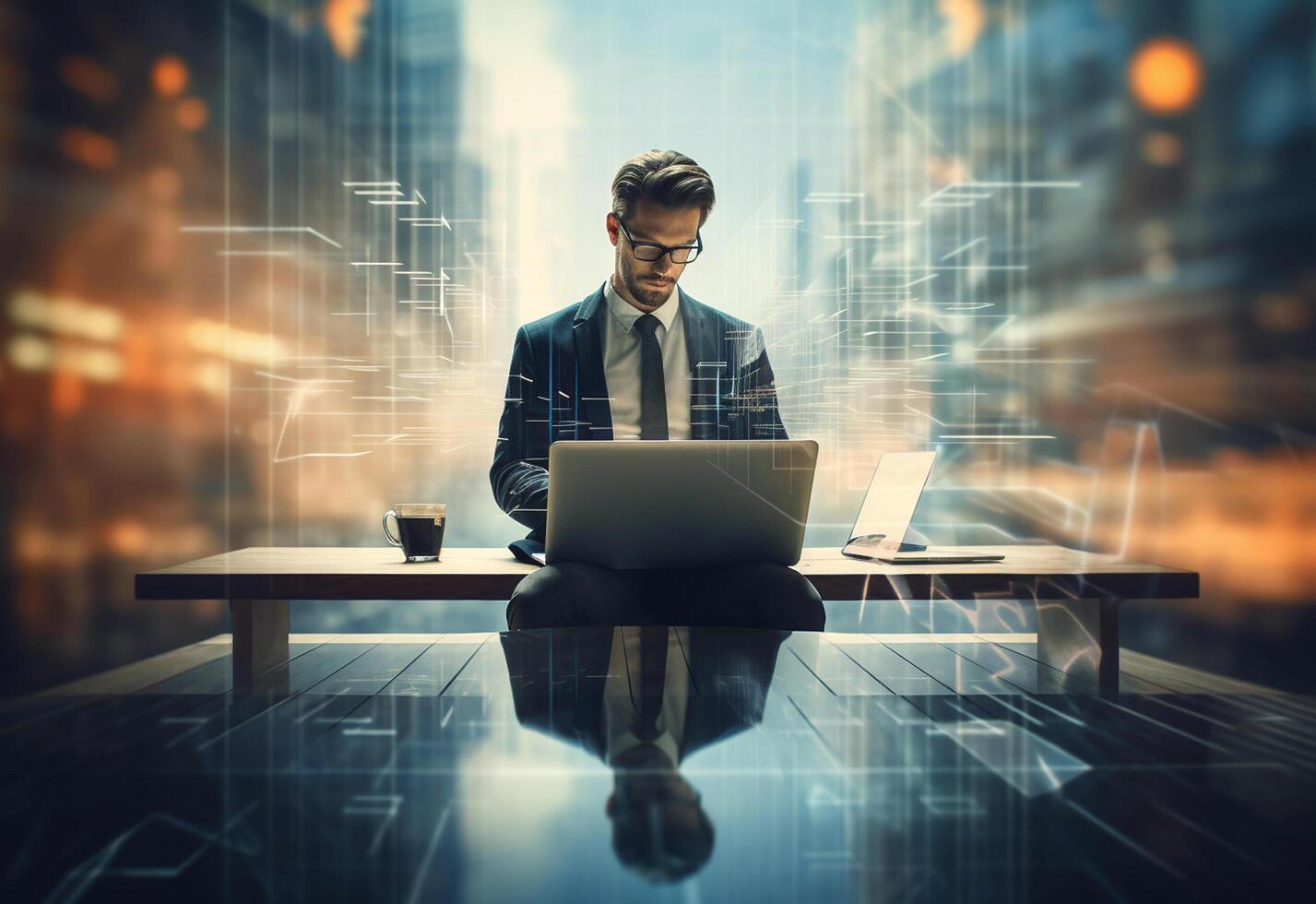double exposure photo of a business man using laptop on his desk front view office background realistic image, ultra hd, high design very detailed