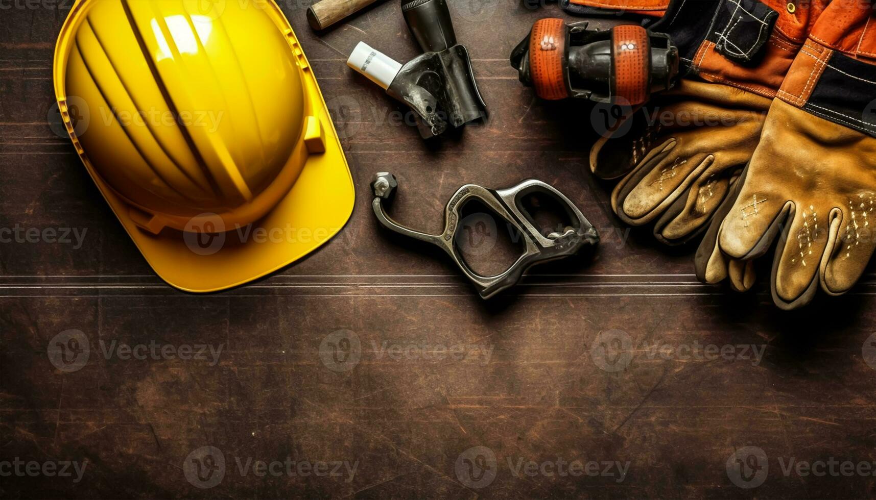 American flag with safety helmet and tools on wooden background. Labor day concept, Generative Ai photo