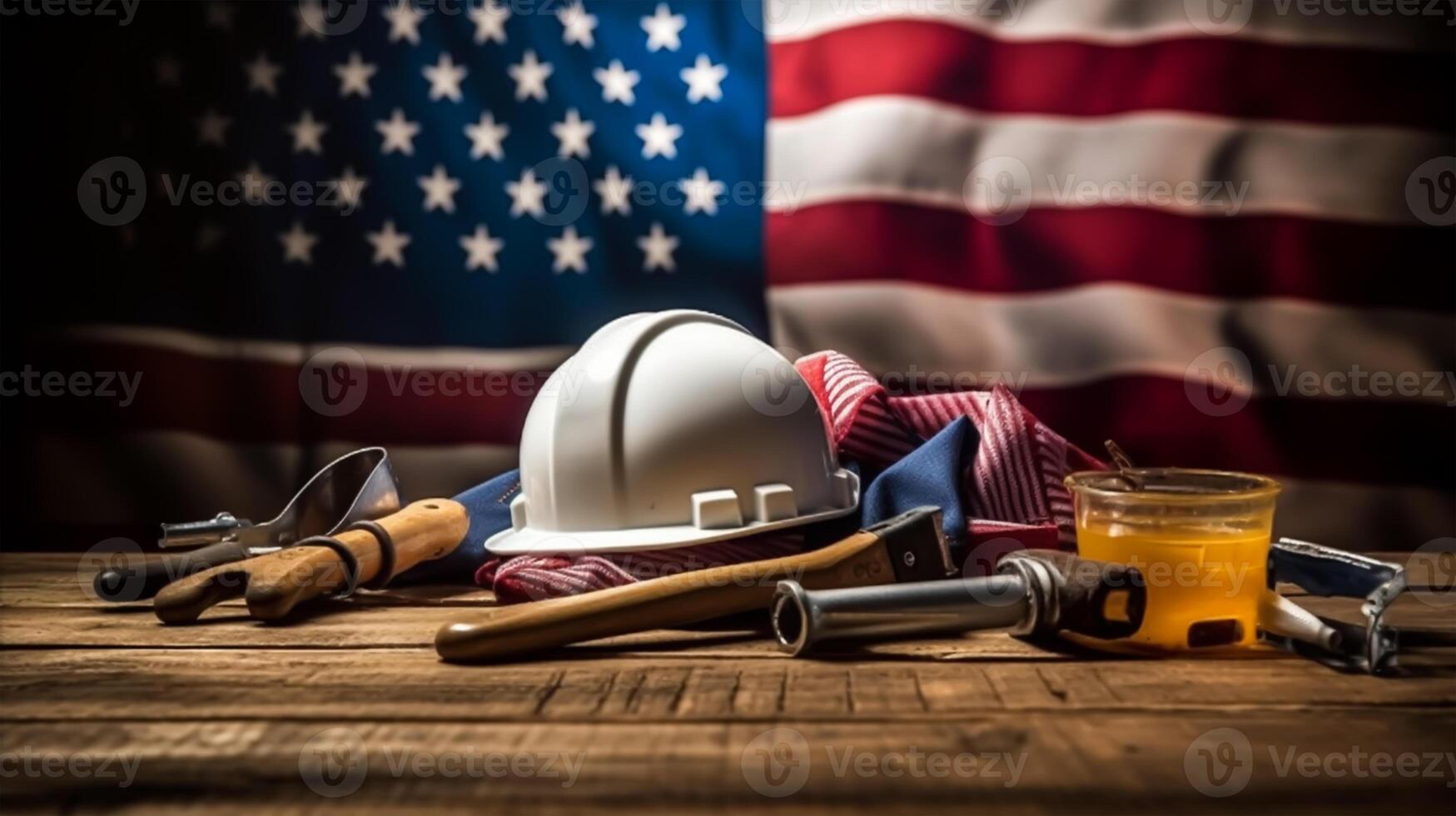 American flag with safety helmet and tools on wooden background. Labor day concept, photo