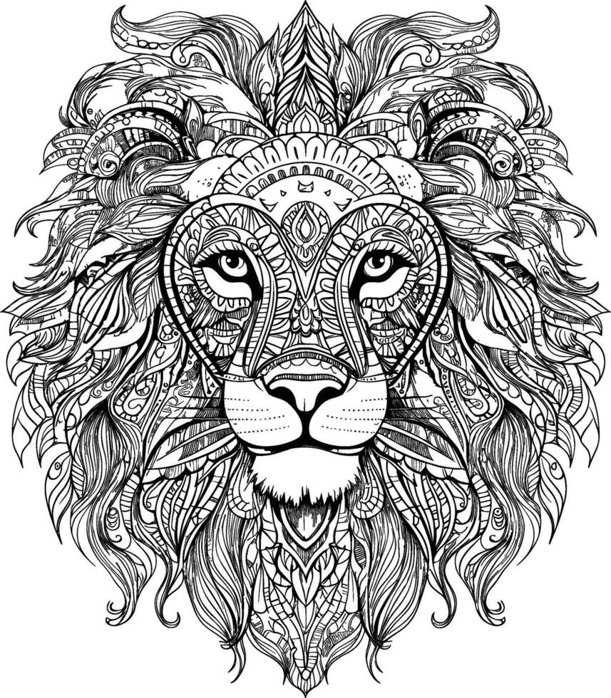 Zentangle stylized lion head. Black and white vector illustration, Coloring page for kids and adults. Print design, t-shirt design, tattoo design, mandala art.