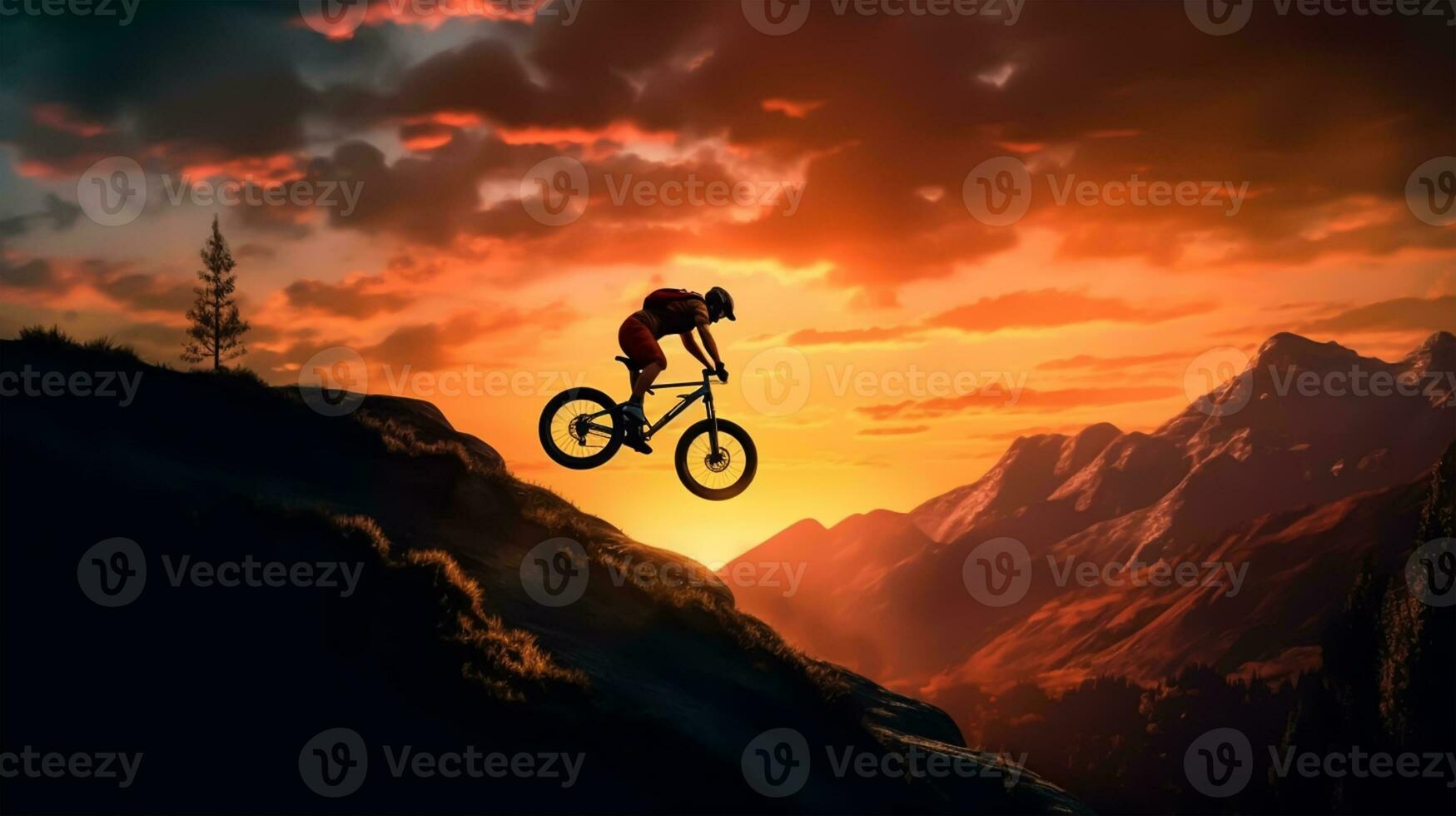 silueta de un montaña motorista en un puesta de sol antecedentes. foto