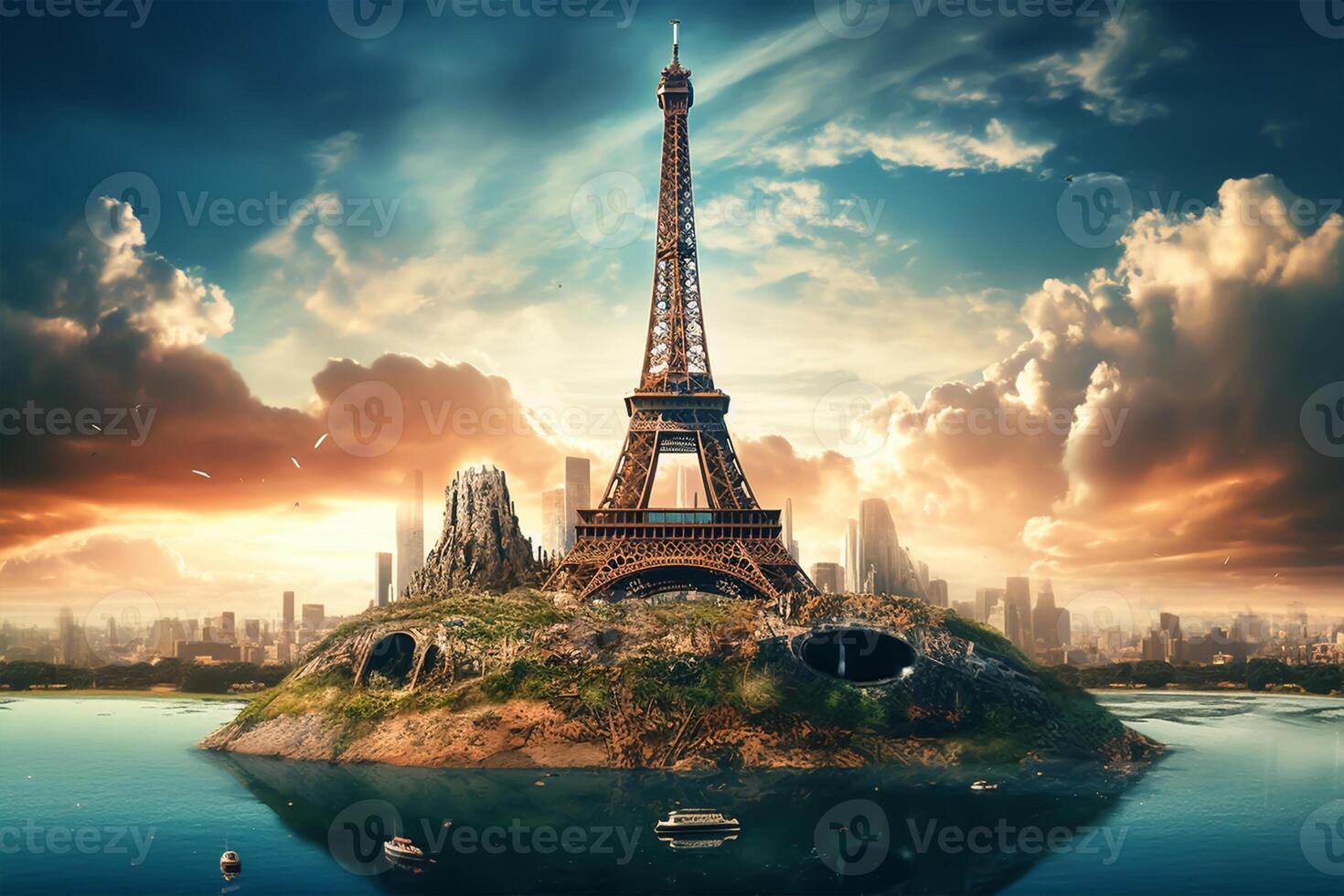 Eiffel Tower on the island in the clouds. photo