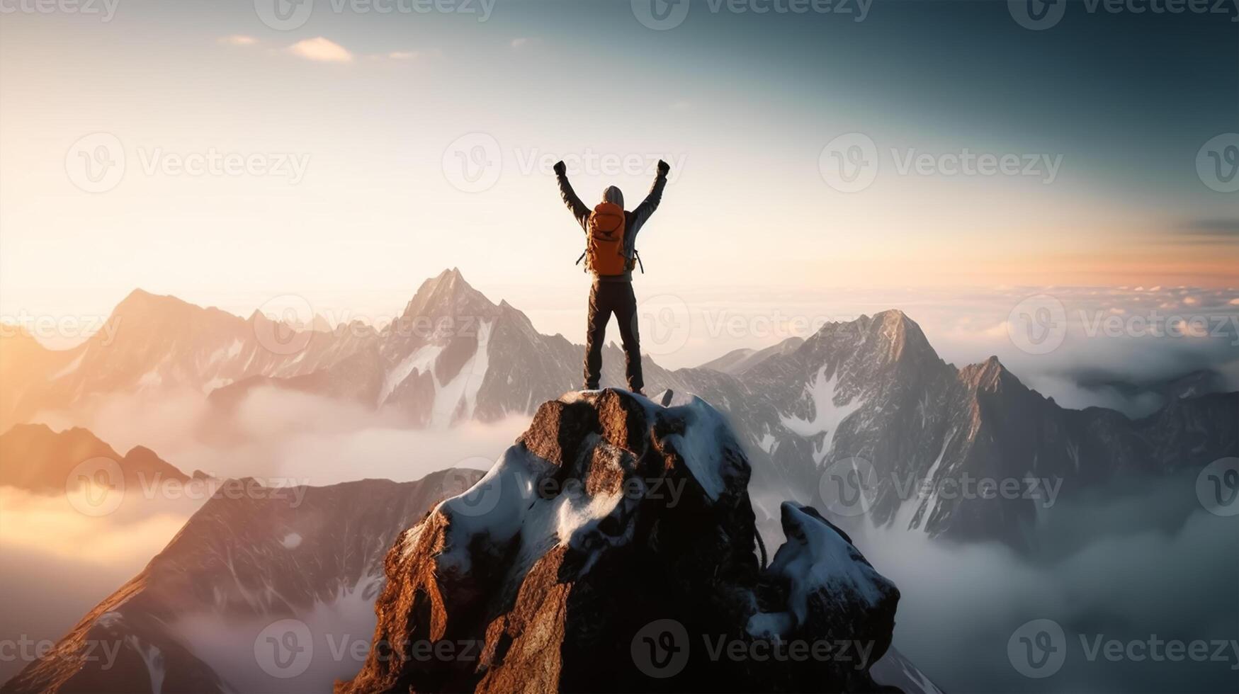Hiker with a backpack on the background of mountains and lake. photo
