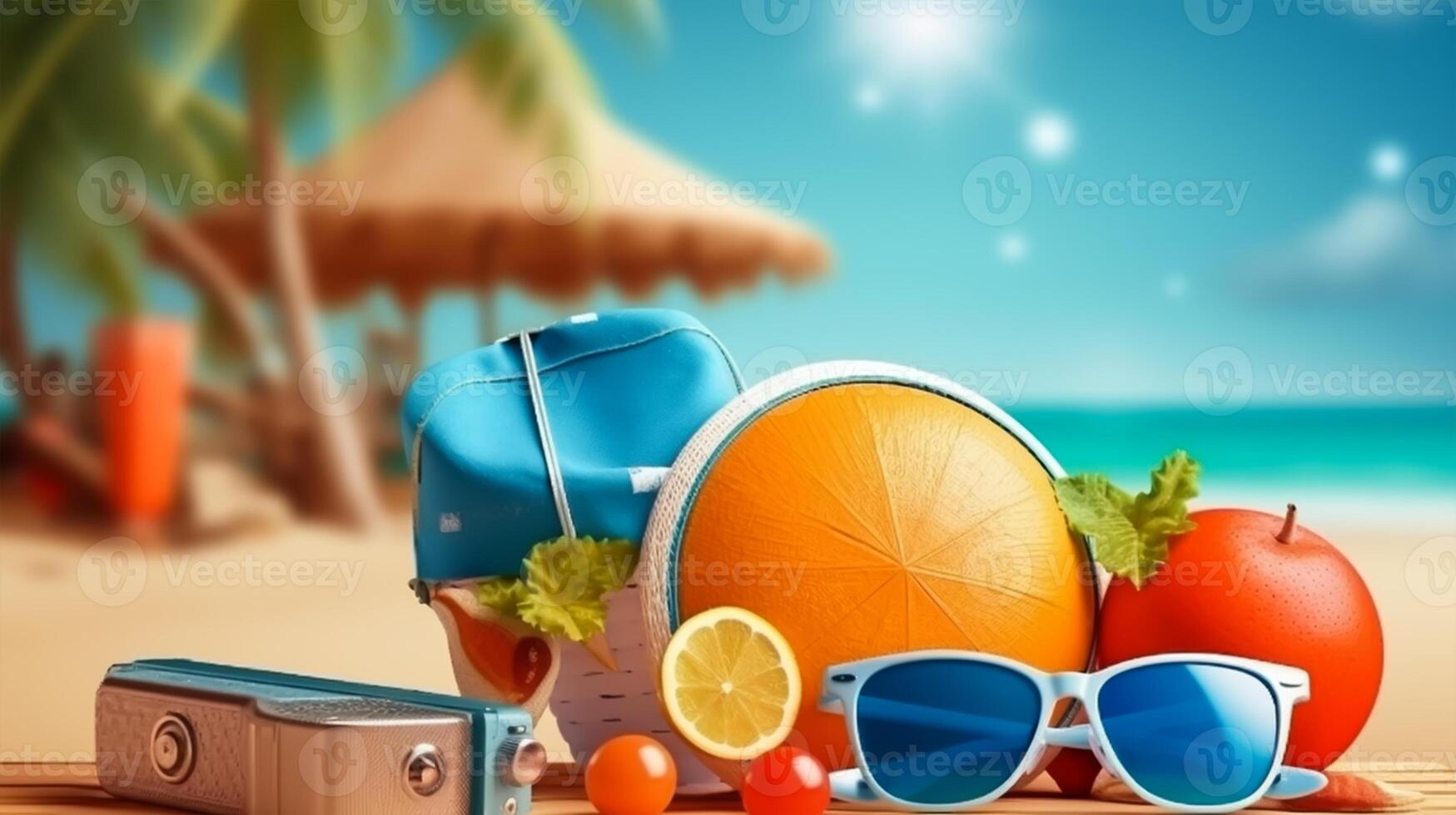 Beach accessories on sandy beach. Summer vacation concept photo