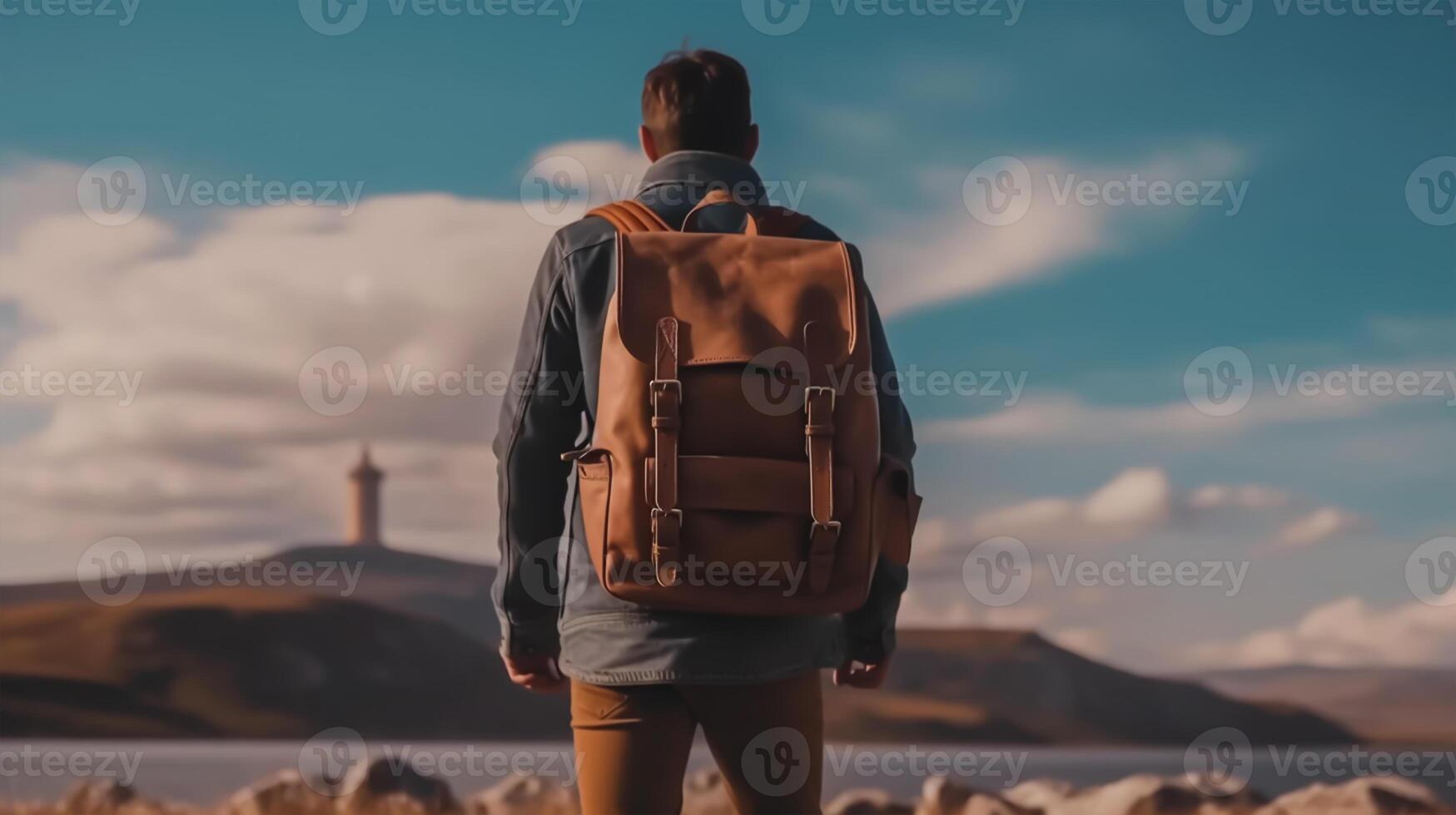 Hiker with a backpack on the background of mountains and lake. photo