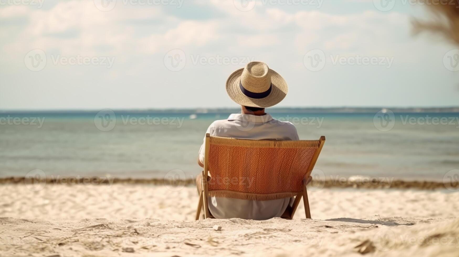 espalda ver de un hombre en un Paja sombrero y Gafas de sol sentado en un silla de cubierta en el playa foto