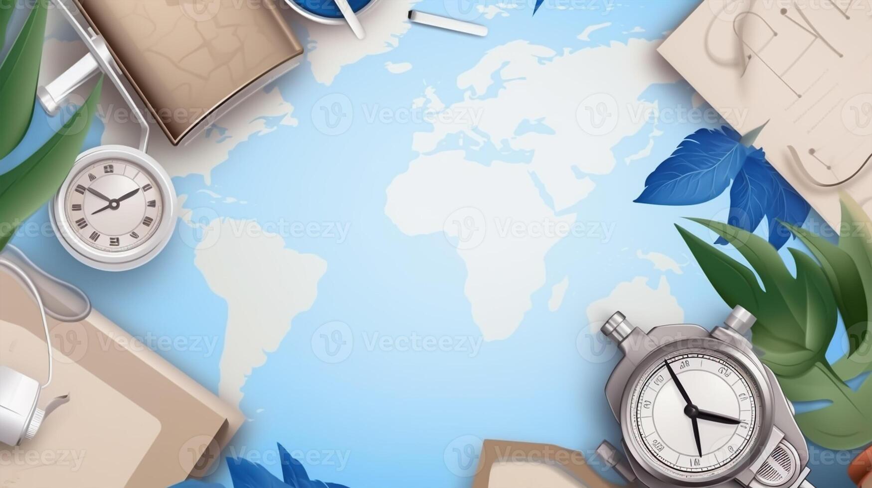 Travel and vacation concept. Top view of world map with travel items photo