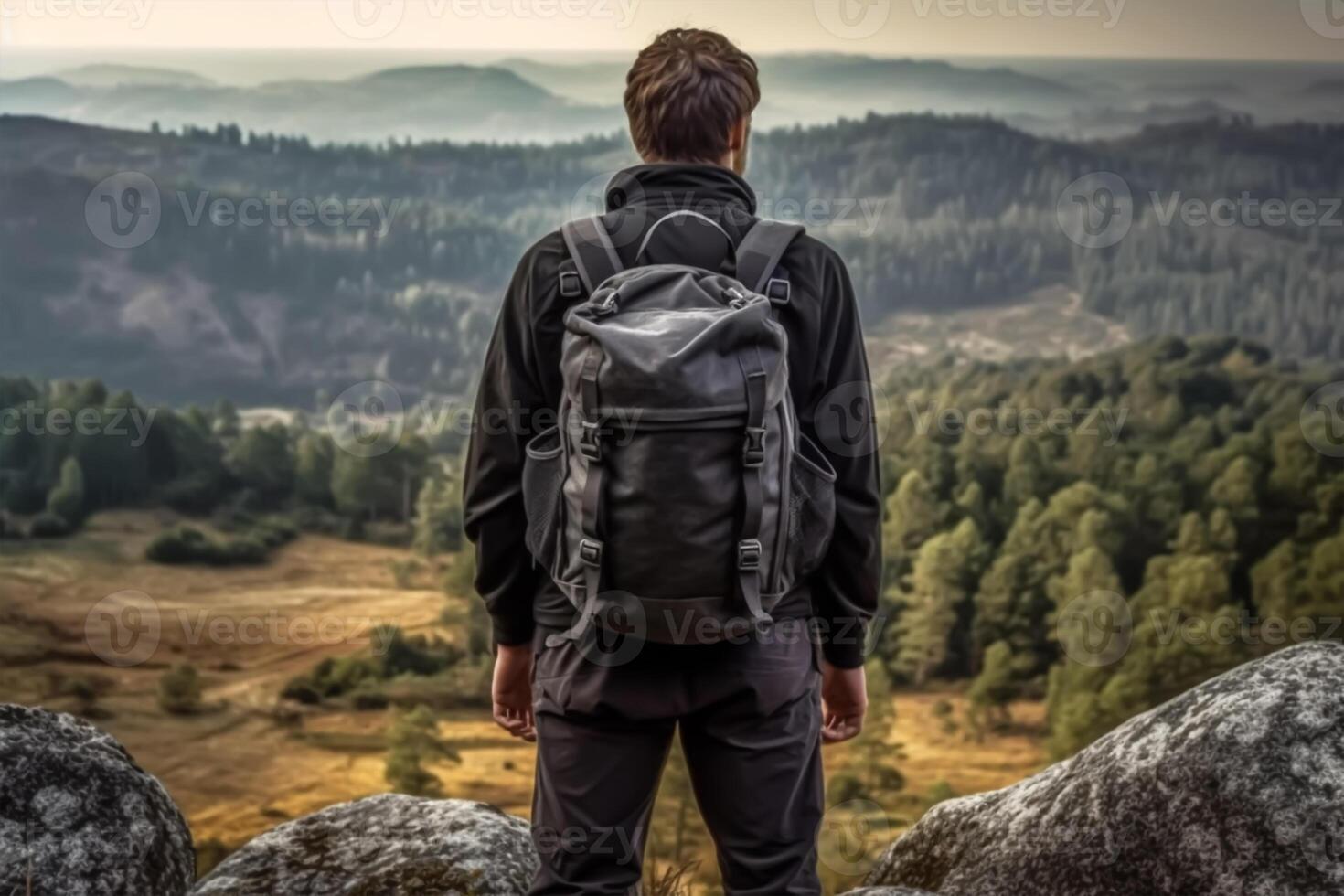 Back view of young man with backpack and hat standing on top of the mountain photo