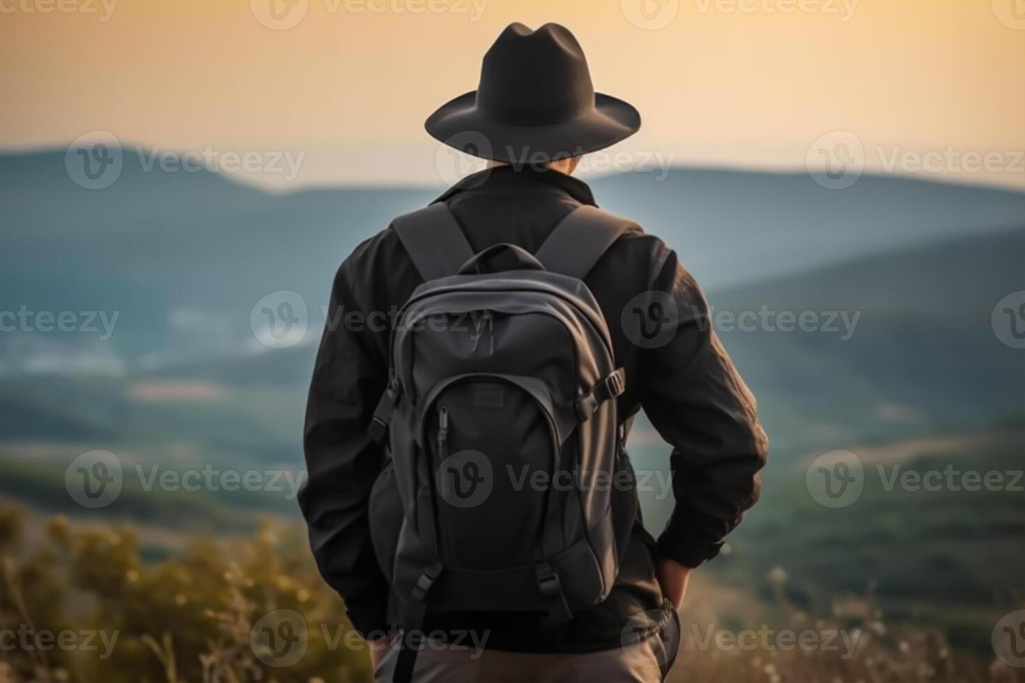 Back view of young man with backpack and hat standing on top of the mountain photo