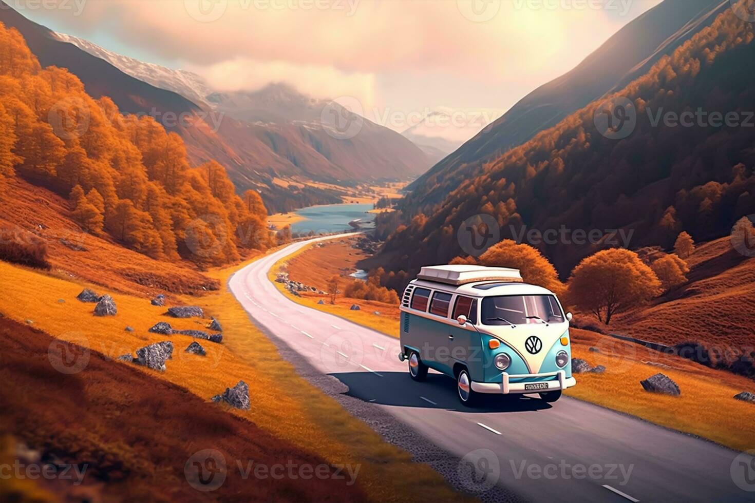 Vintage camper van on road in the mountains photo