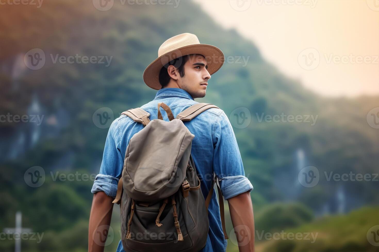 Back view of young man with backpack and hat standing on top of the mountain photo