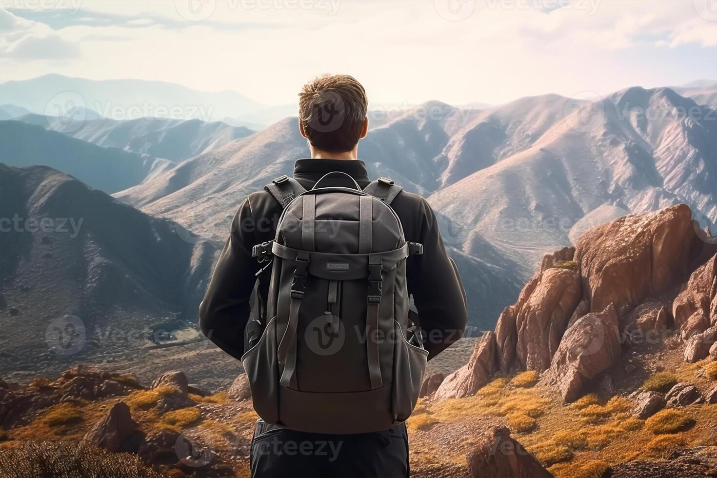 Back view of young man with backpack and hat standing on top of the mountain photo