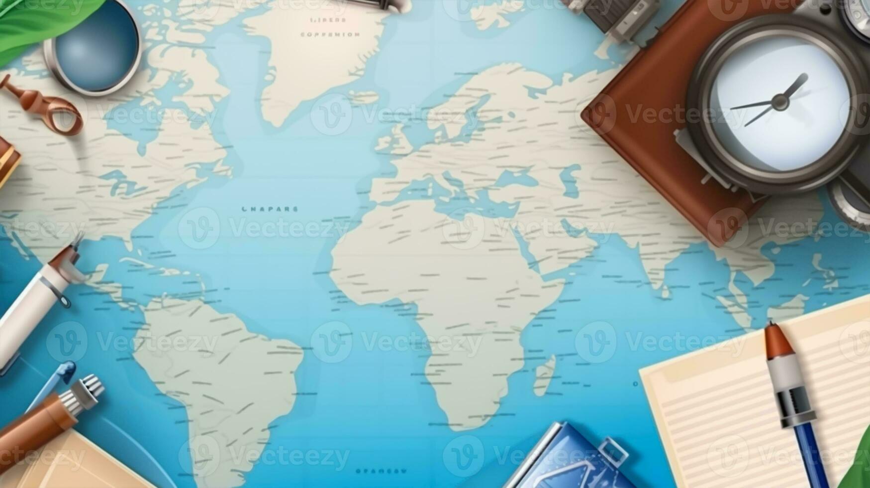 Travel and vacation concept. Top view of world map with travel items photo