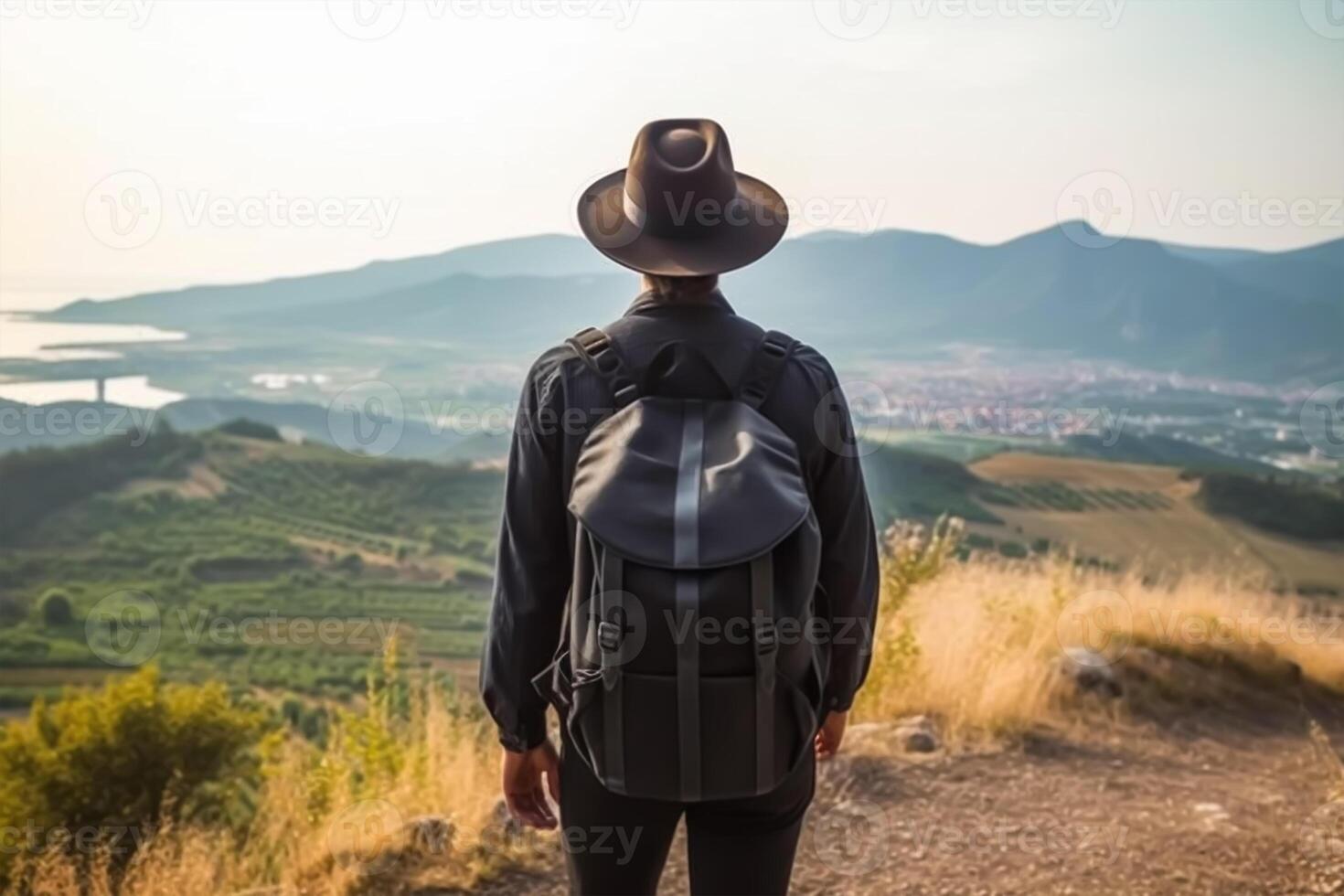 Back view of young man with backpack and hat standing on top of the mountain photo