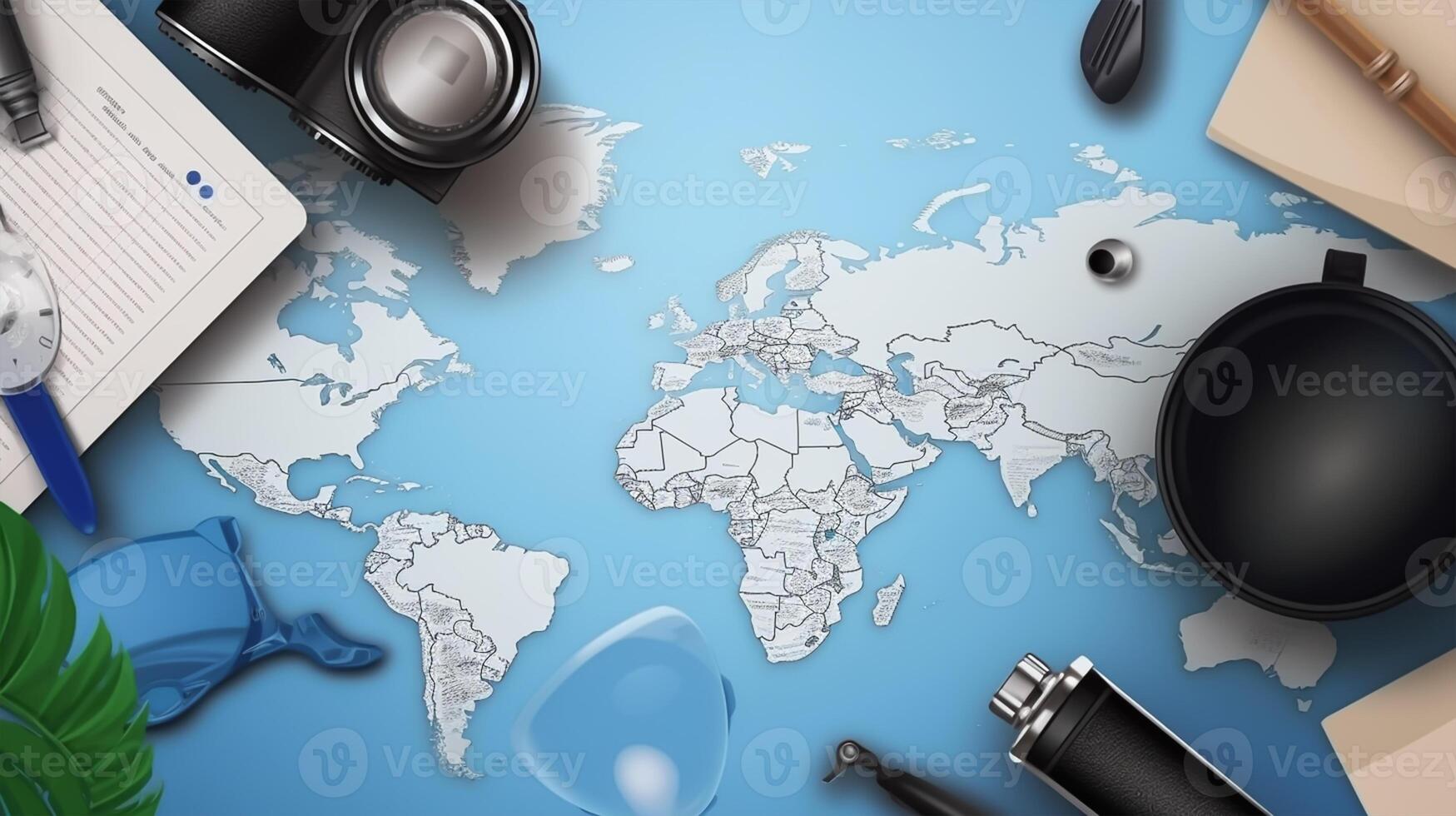 Travel and vacation concept. Top view of world map with travel items photo