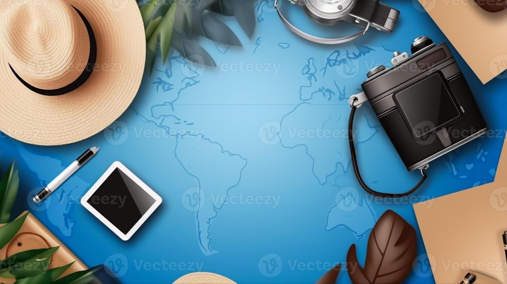 Travel and vacation concept. Top view of world map with travel items photo