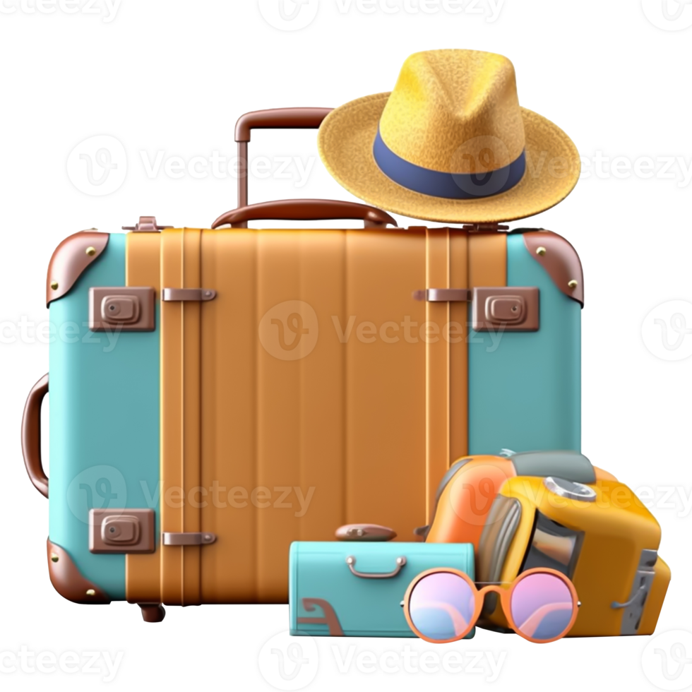 viajando mala de viagem com chapéu e óculos em transparente fundo png