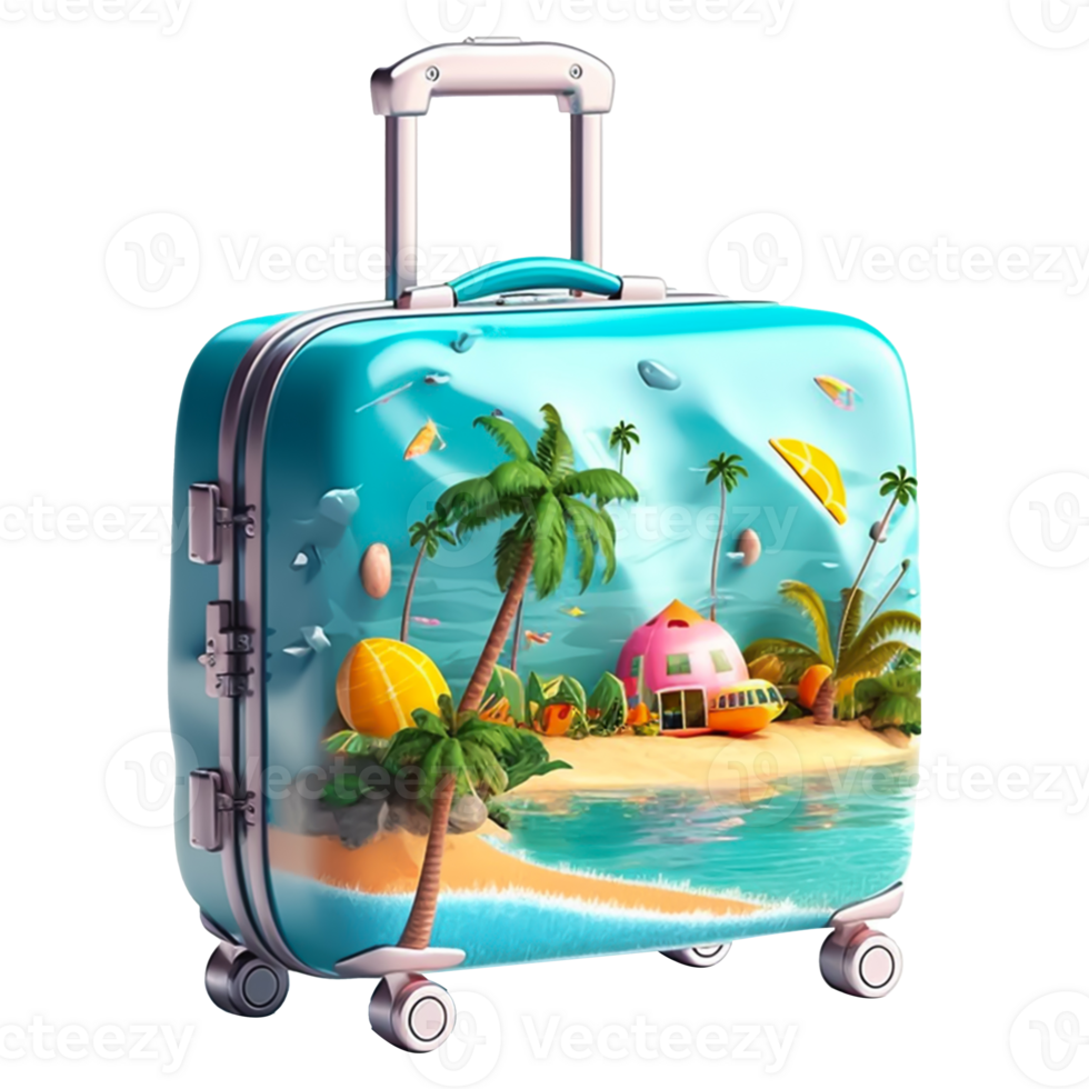 Traveling Suitcase with hat and glasses on transparent background png