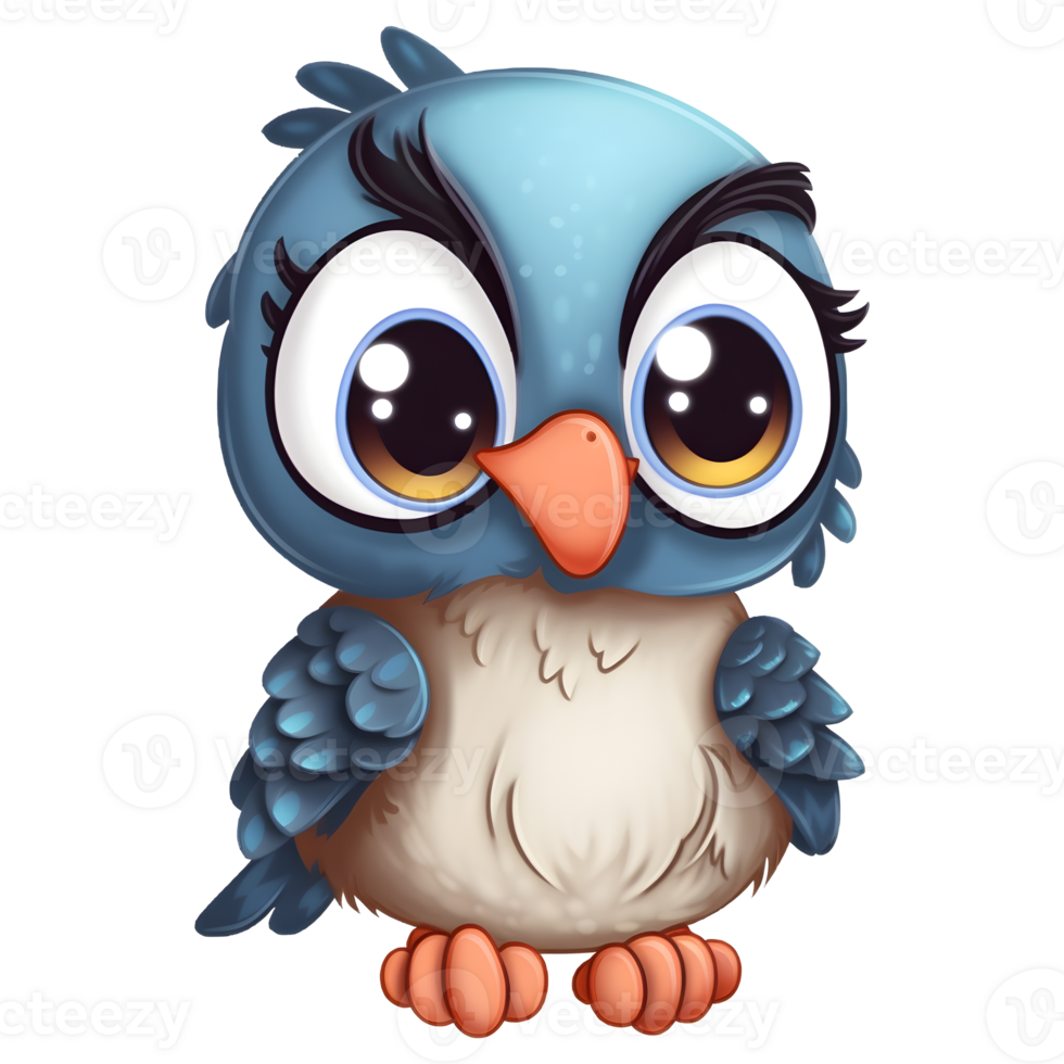 Cute cartoon blue bird with flowers and leaves on transparent background, png