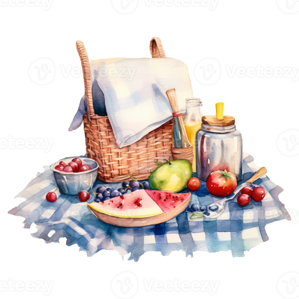 Picnic basket with food. Watercolor hand drawn illustration on transparent background png