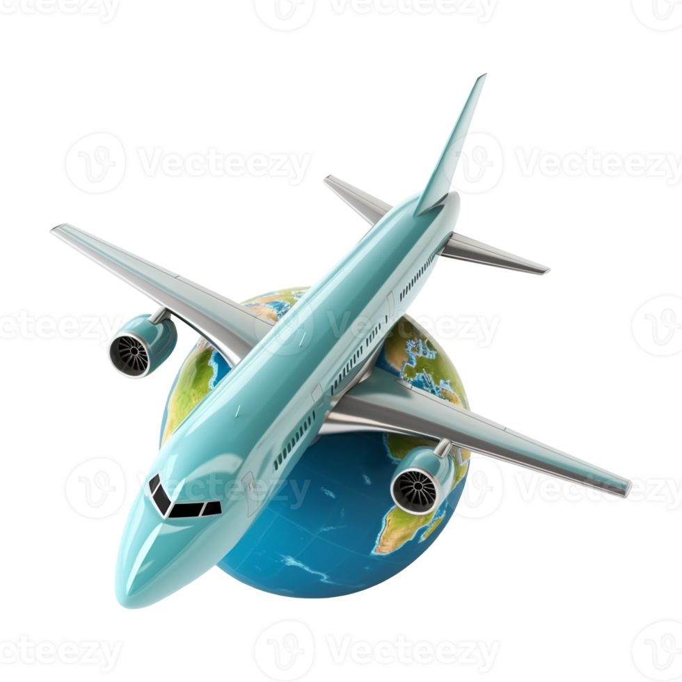 Airplane flying around the planet Earth on transparent background png