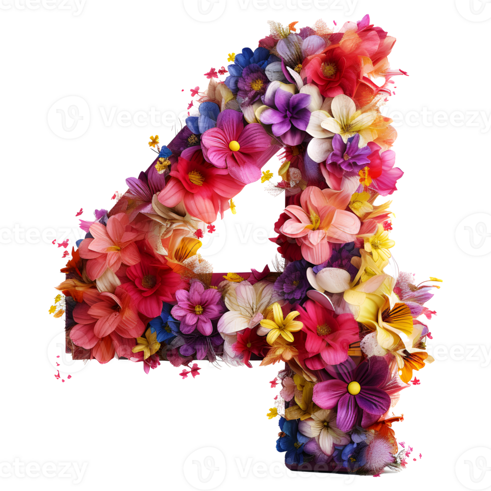3d floral number 4 on transparent background png