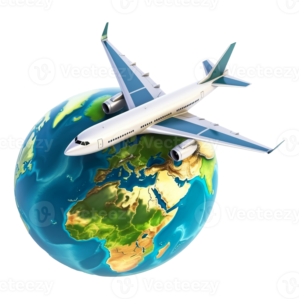 Airplane flying around the planet Earth on transparent background png