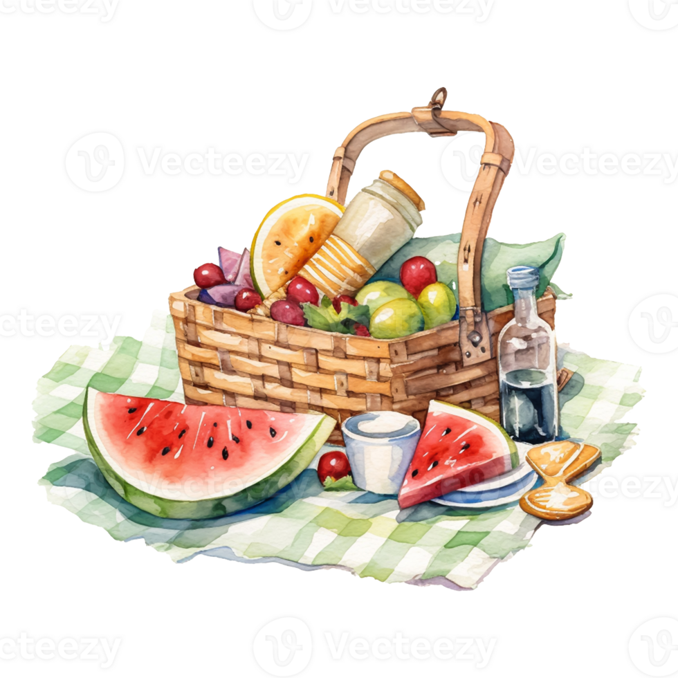 Picnic basket with food. Watercolor hand drawn illustration on transparent background png