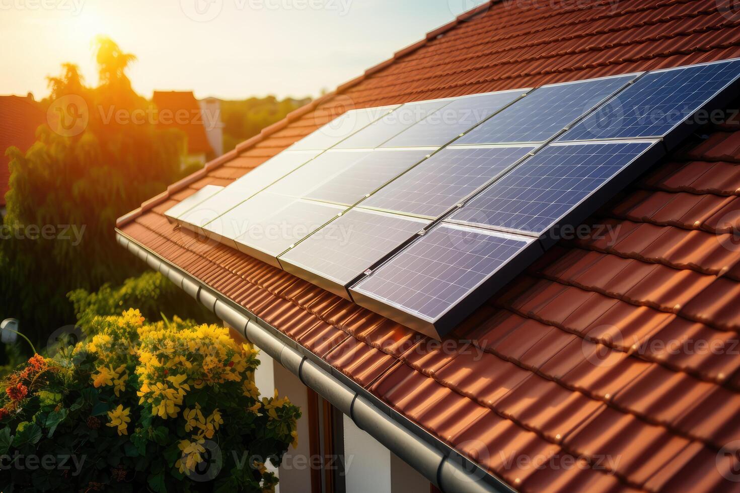 Solar panels installed on the roof of a house. Alternative energy