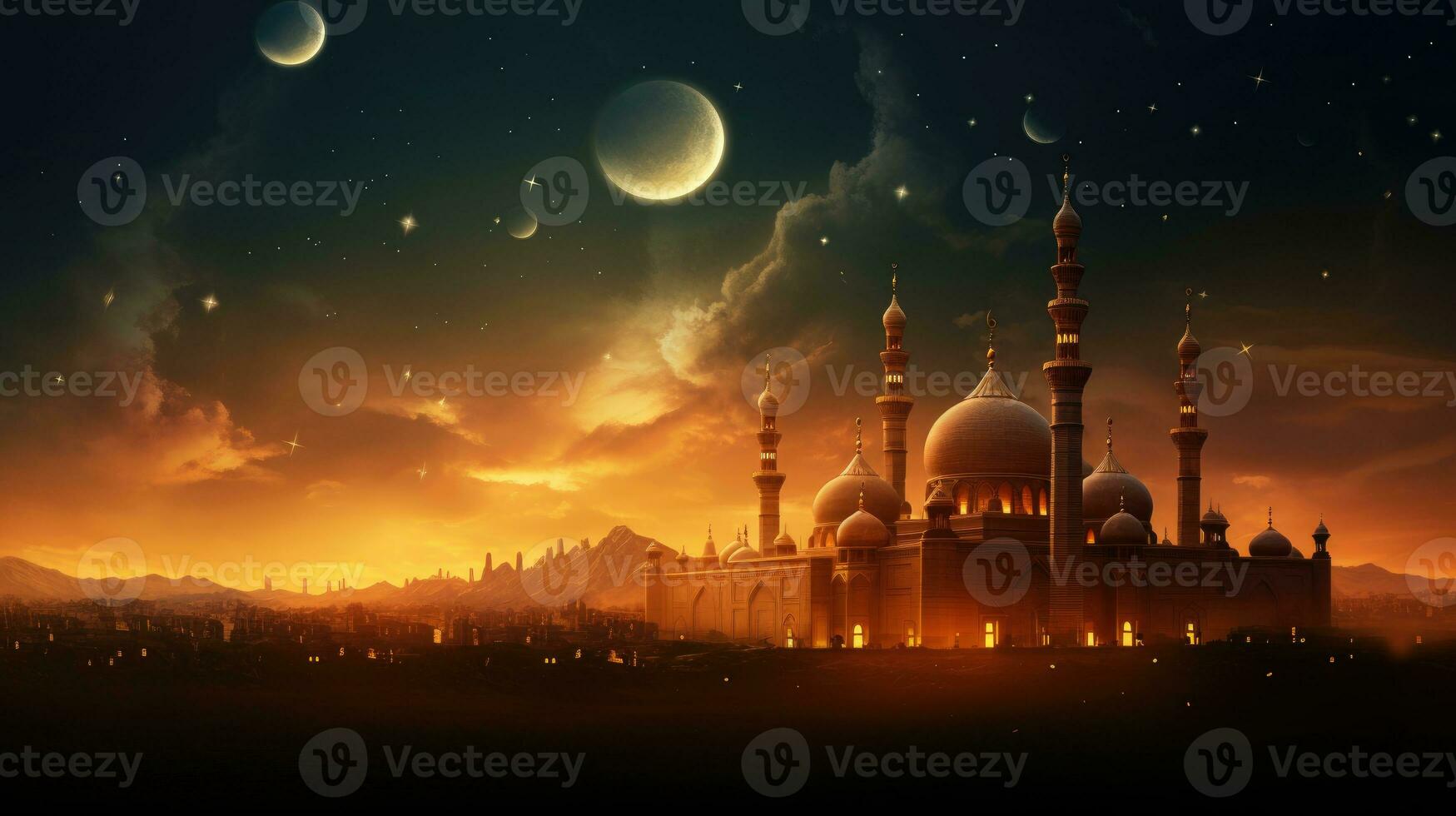 Ramadan Kareem background with mosque and moon, Eid greetings background, Mosque night view photo