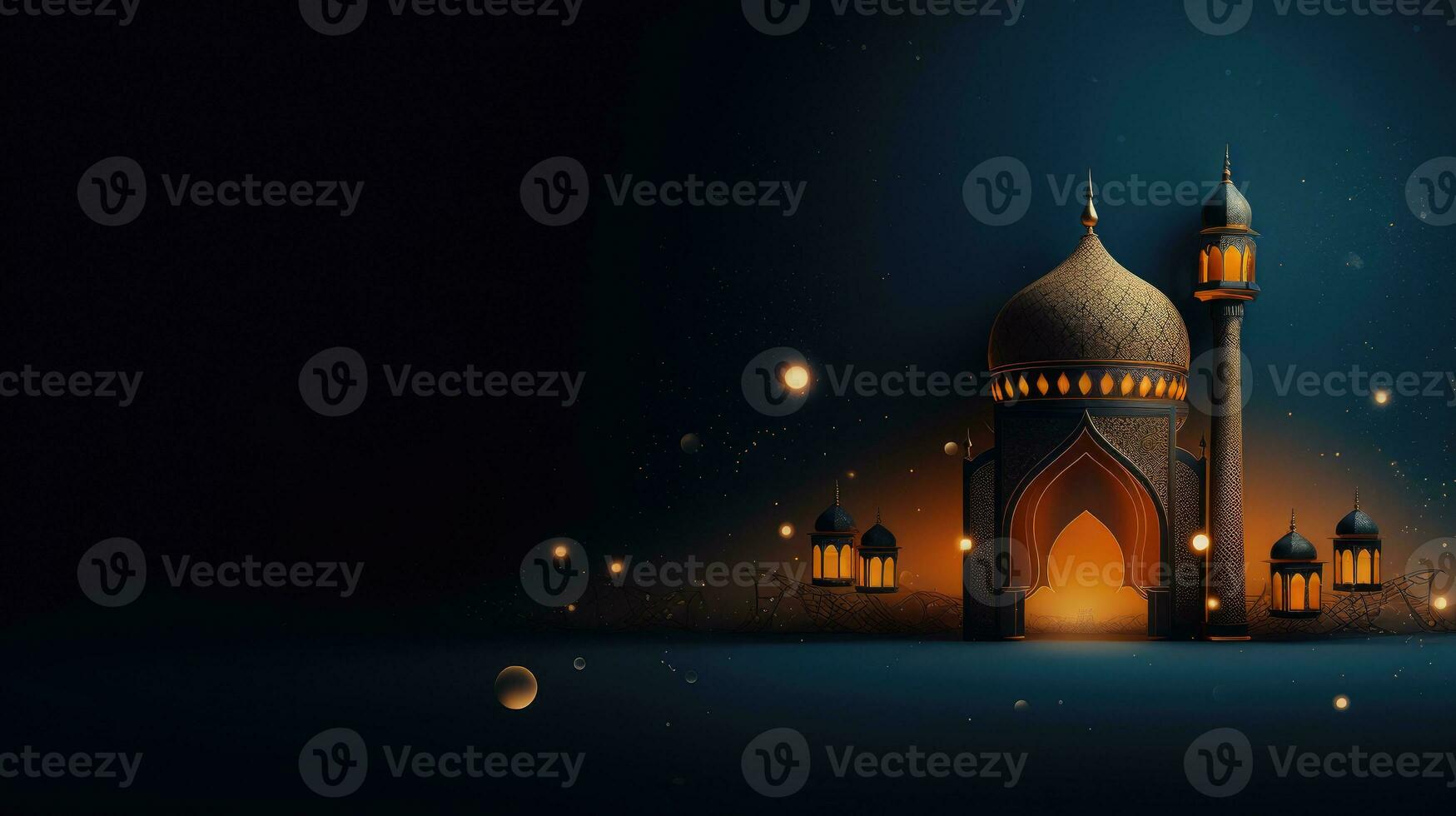 Ramadan Kareem background with mosque and moon, Eid greetings background, Mosque night view photo
