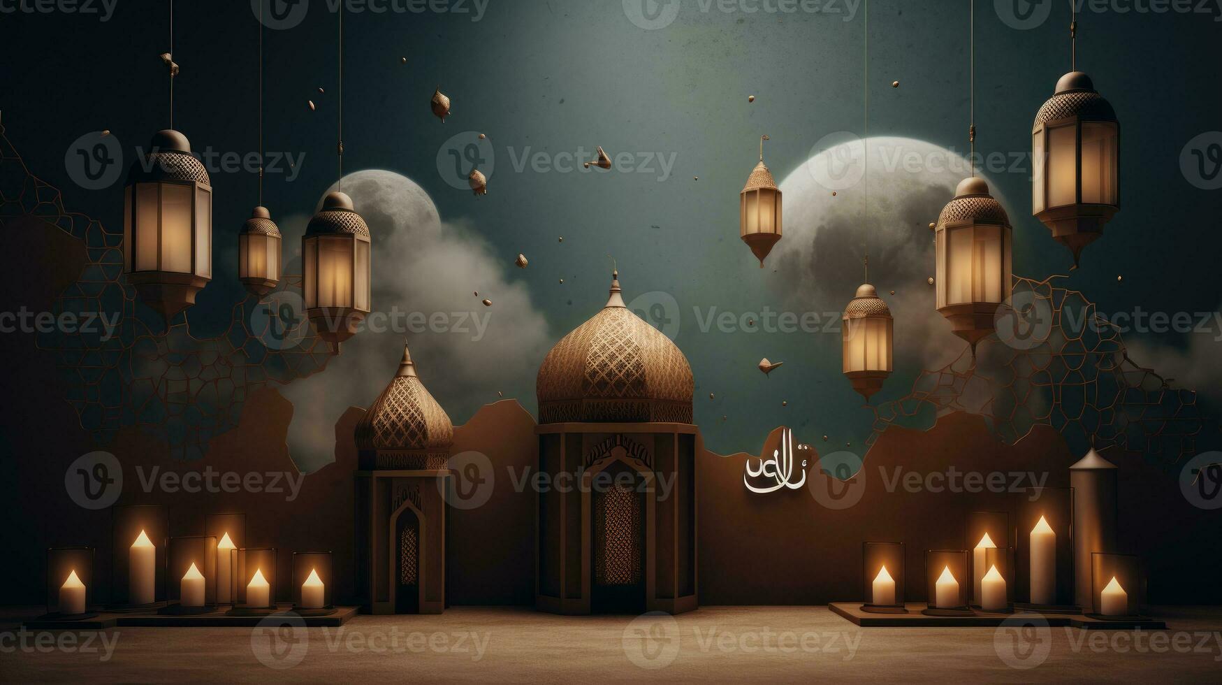 Ramadan Kareem background with mosque and moon, Eid greetings background, Mosque night view photo