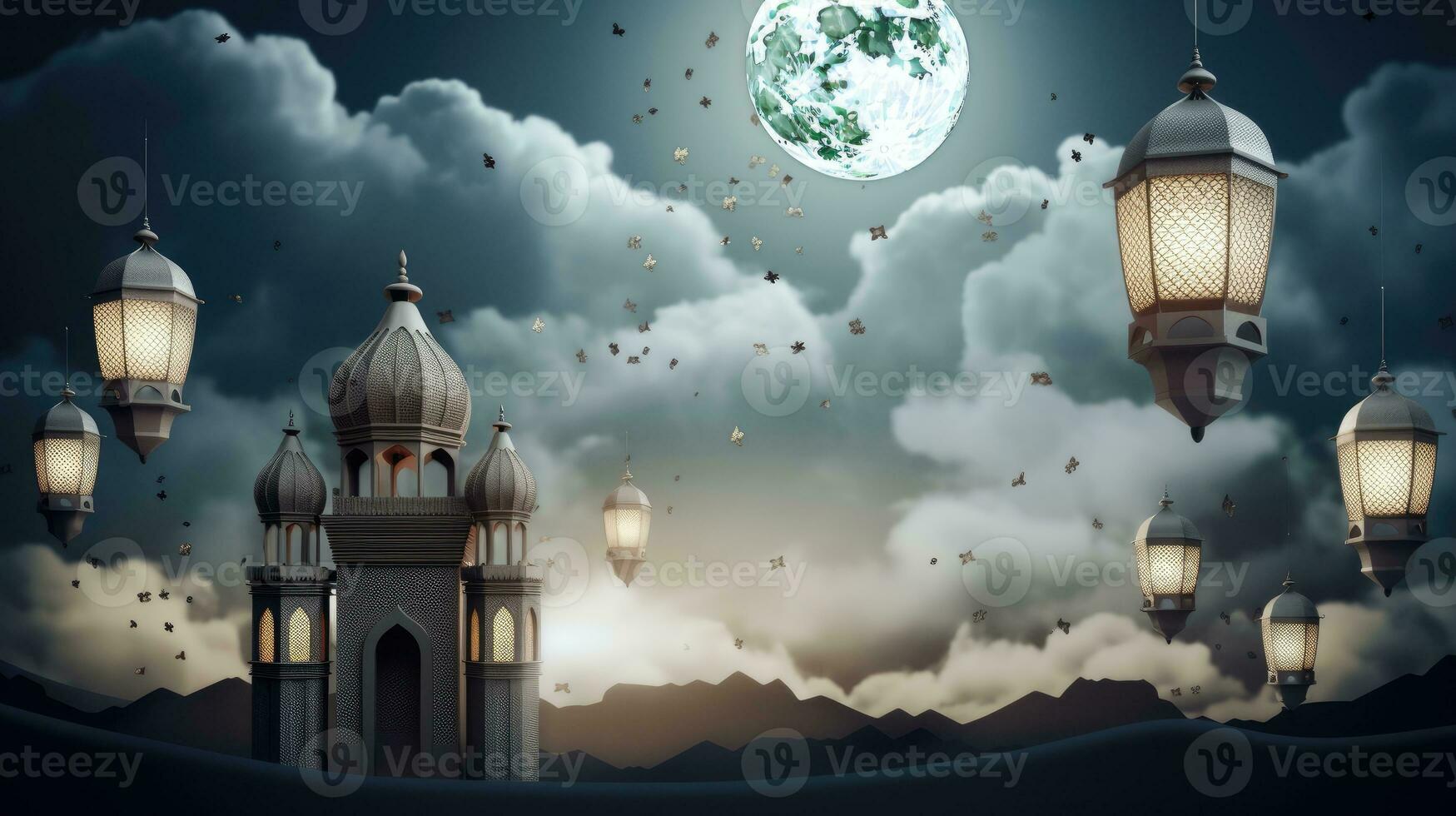 Ramadan Kareem background with mosque and moon, Eid greetings background, Mosque night view photo