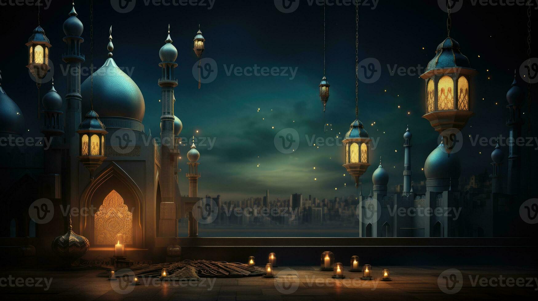 Ramadan Kareem background with mosque and moon, Eid greetings background, Mosque night view photo