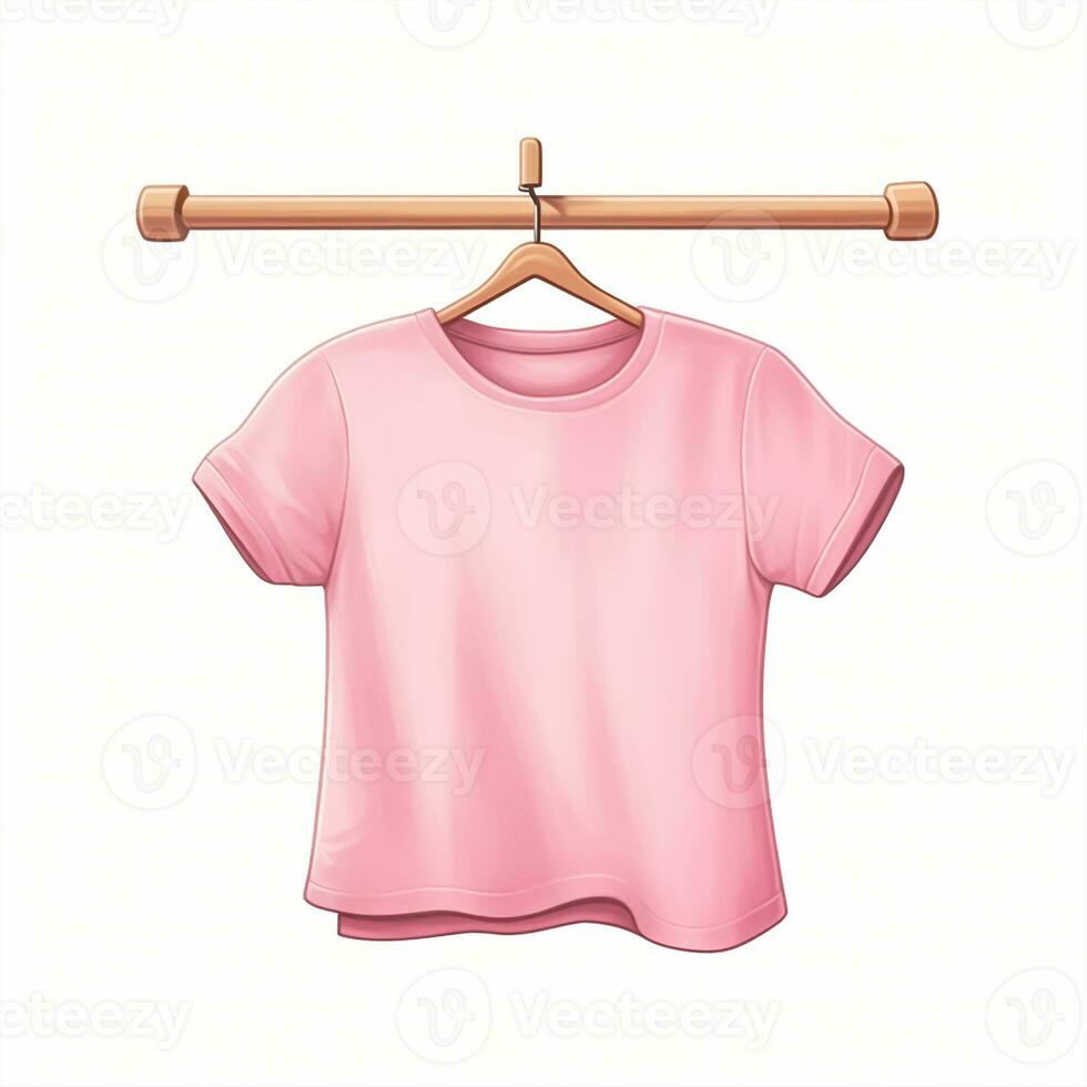 Blank girl pink t-shirt mockup on wooden hanger isolated over white photo