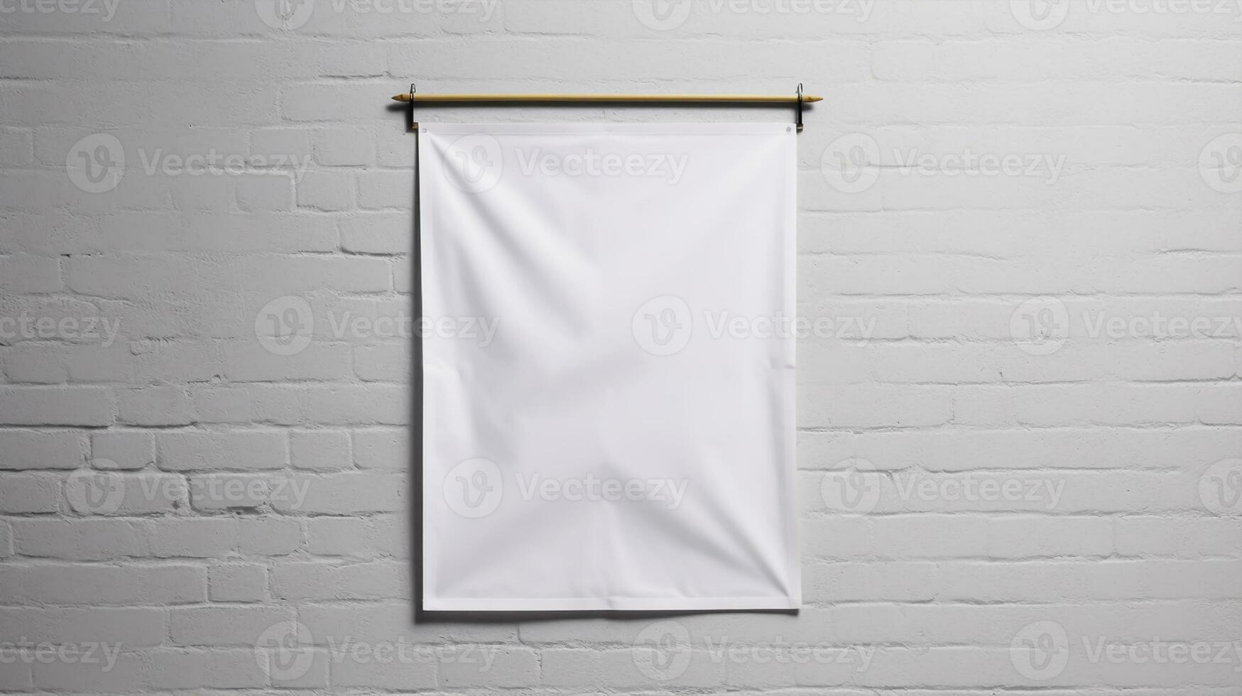 white canvas hanging on a rope on white brick wall background, mock up photo