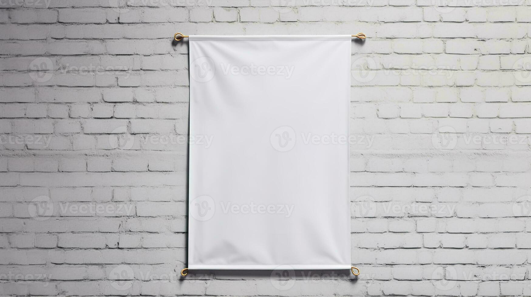 white canvas hanging on a rope on white brick wall background, mock up photo