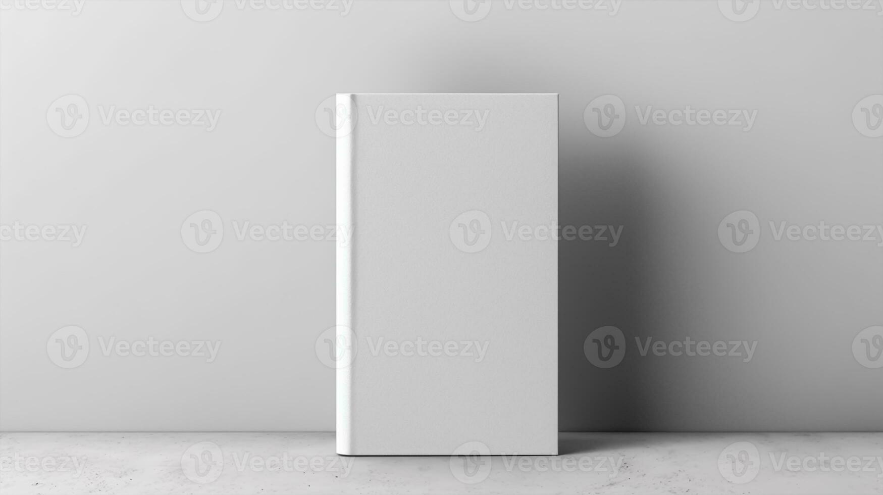 Blank white book cover mockup standing on table photo