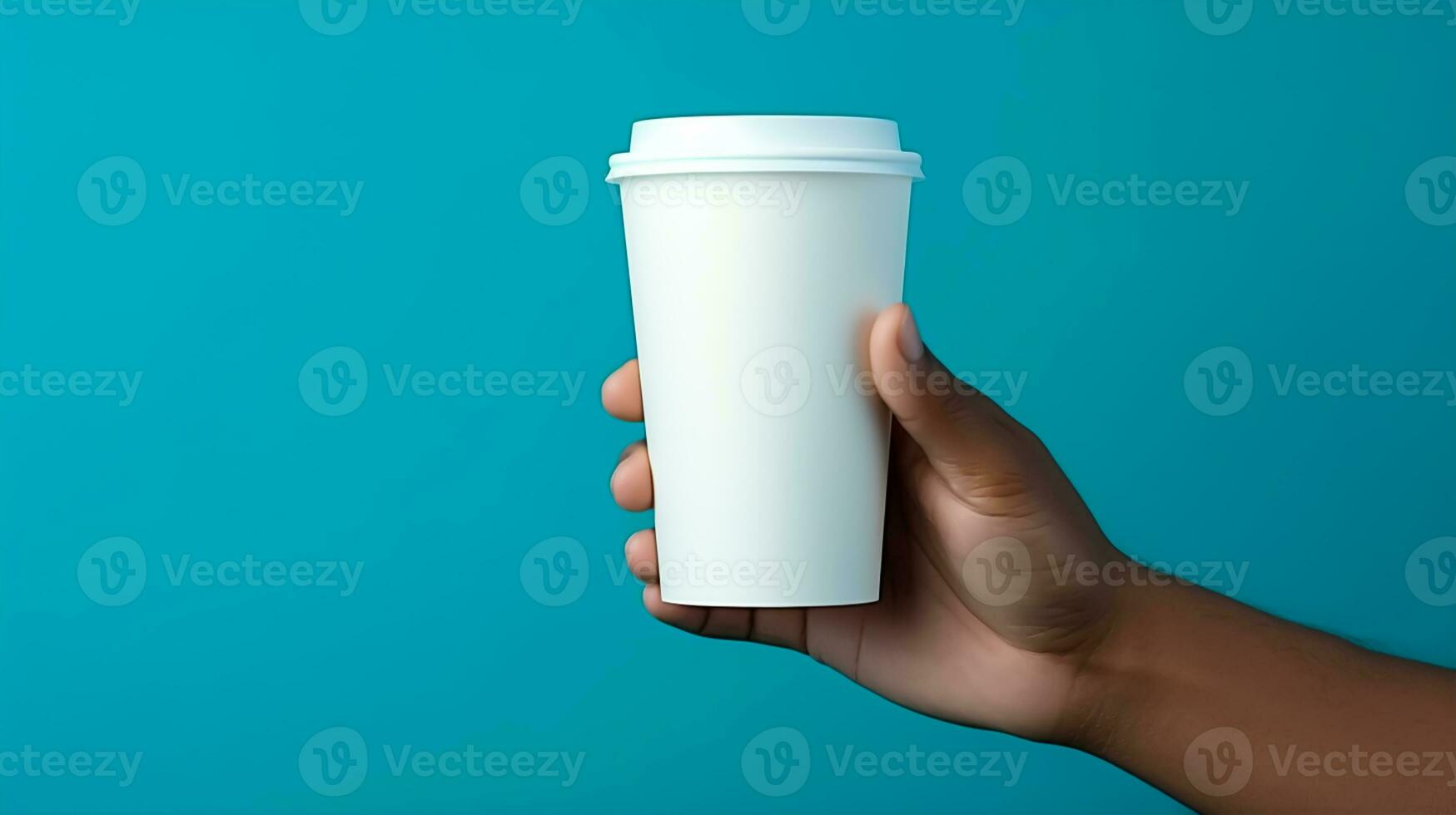 Male hand holding a paper cup of coffee on the blue background. photo