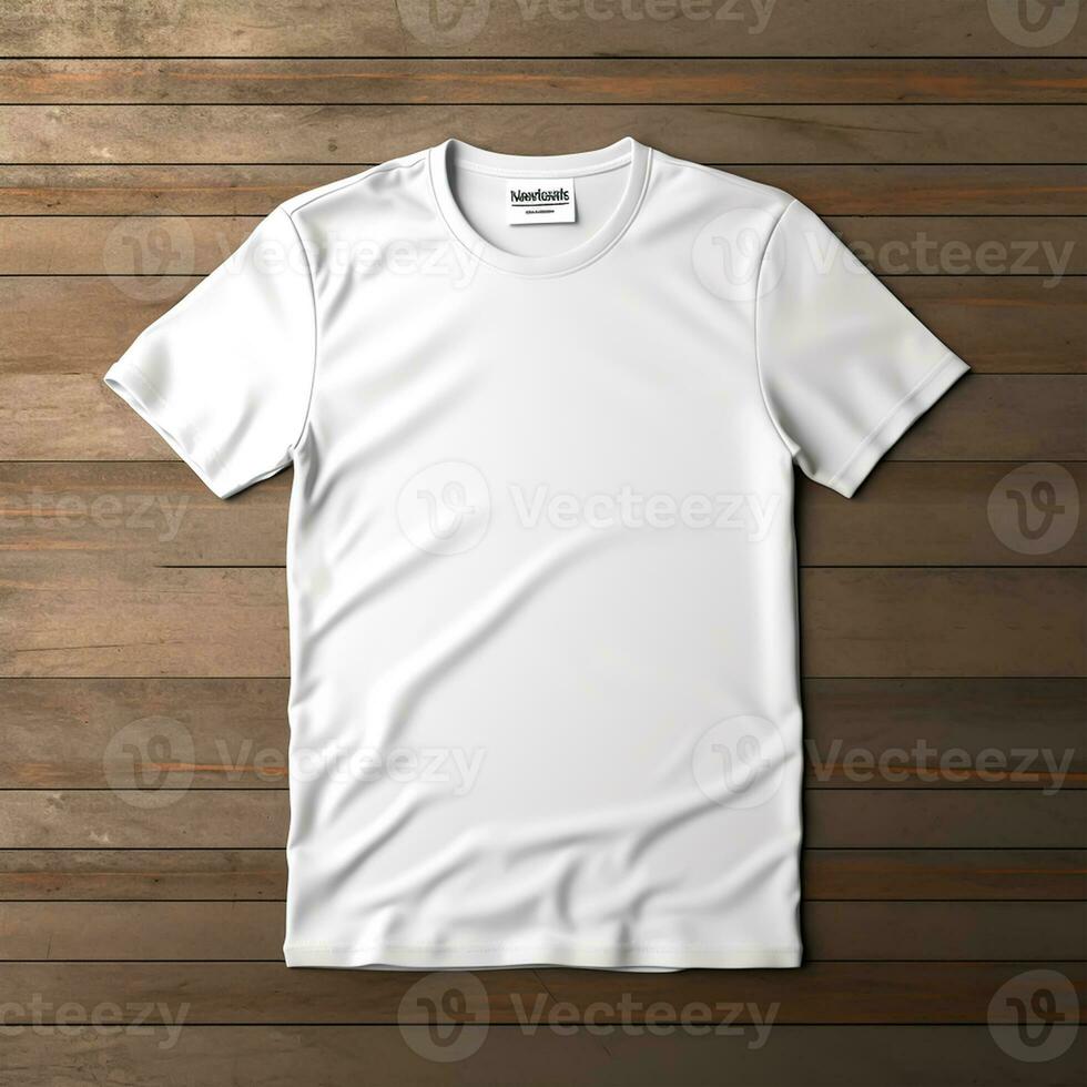 White t-shirt mockup on wooden background photo