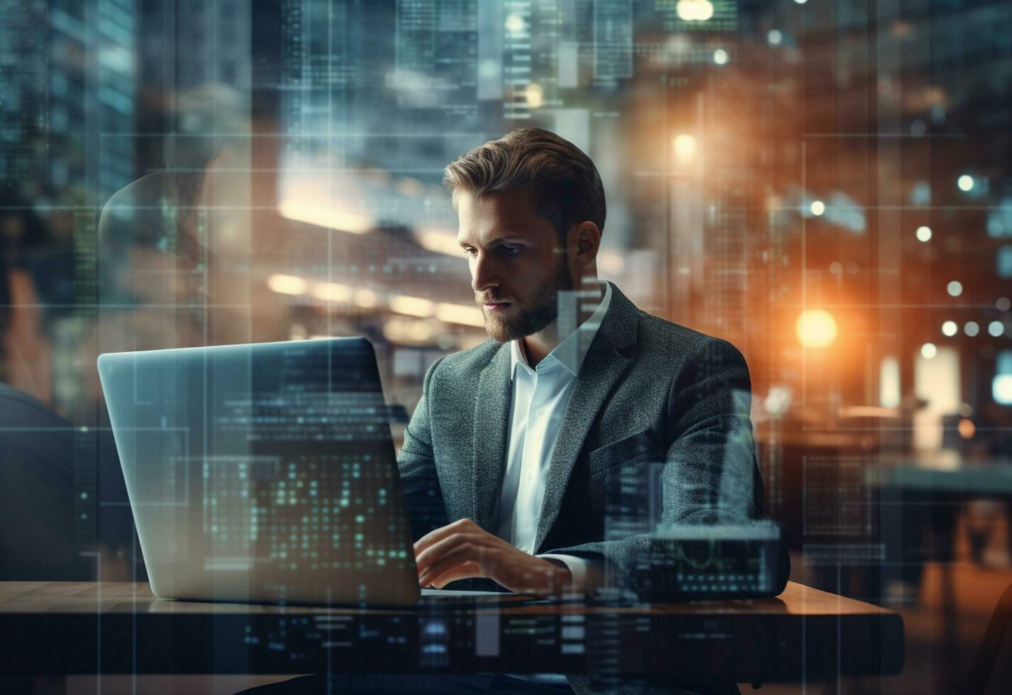 double exposure photo of a business man using laptop on his desk front view office background realistic image, ultra hd, high design very detailed