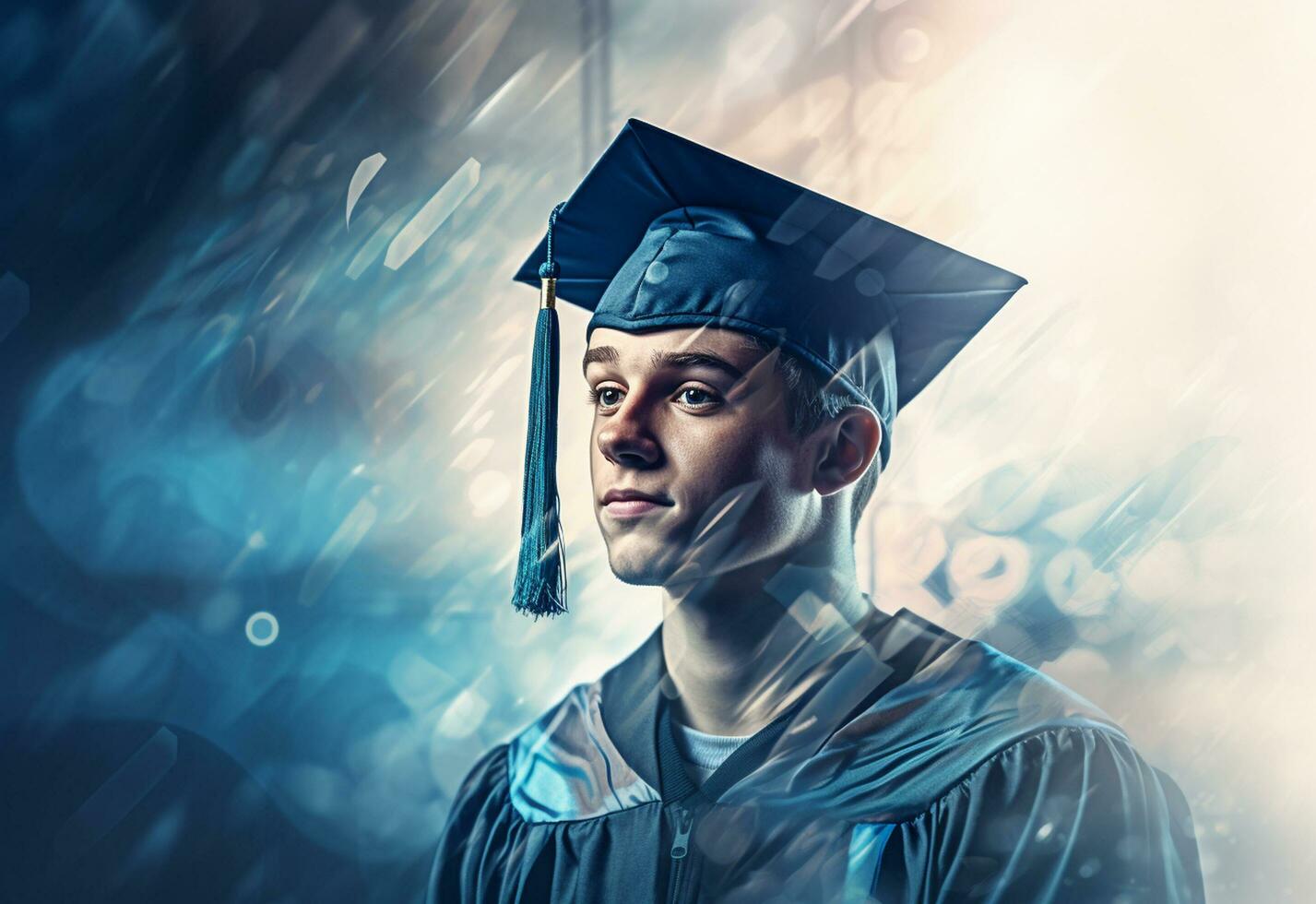 Double exposure photo of Young man with graduation cap technology background realistic image