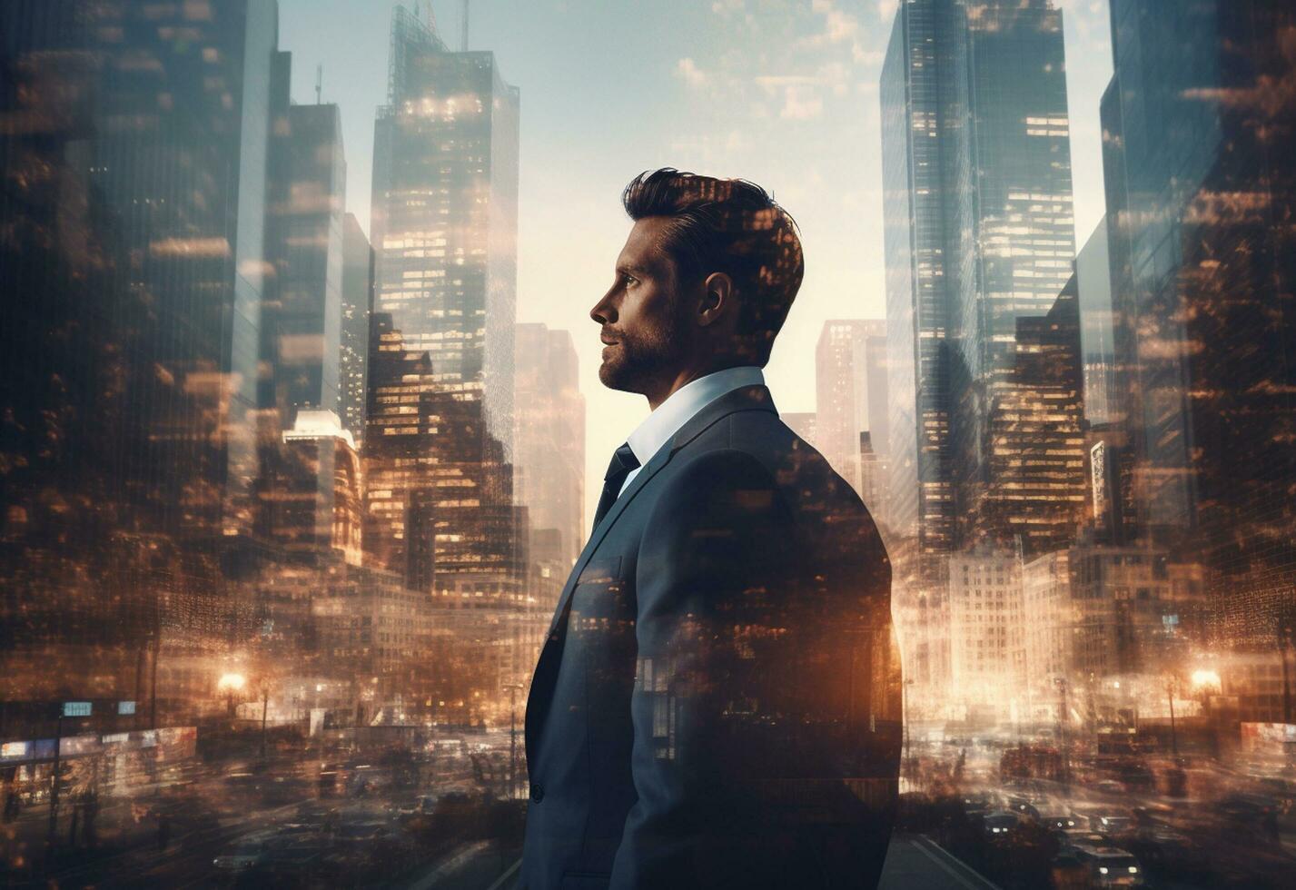 A Double Exposure of a Businessman in the Cityscape Embodies Success and Future Plans photo