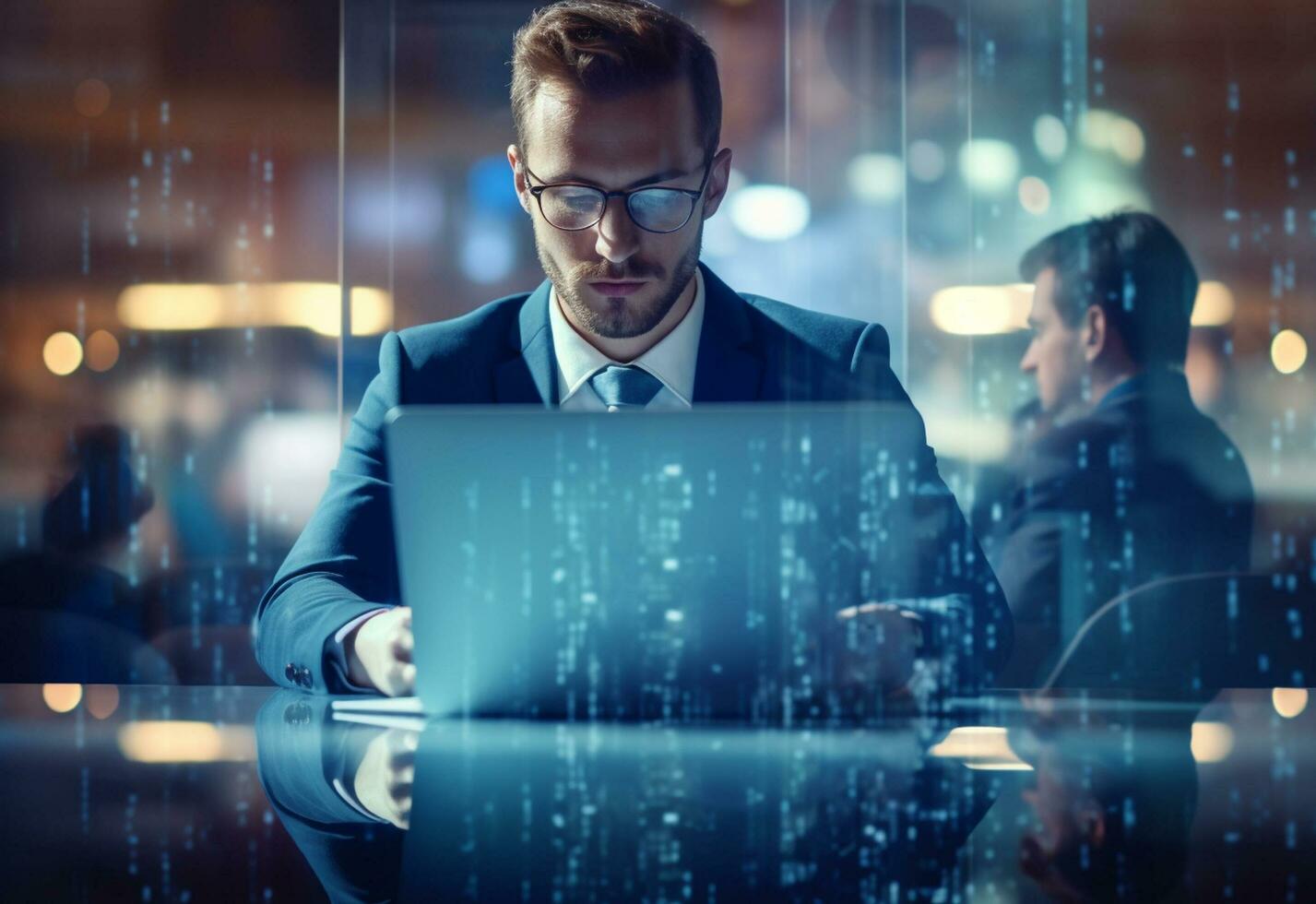 double exposure photo of a business man using laptop on his desk front view office background realistic image, ultra hd, high design very detailed
