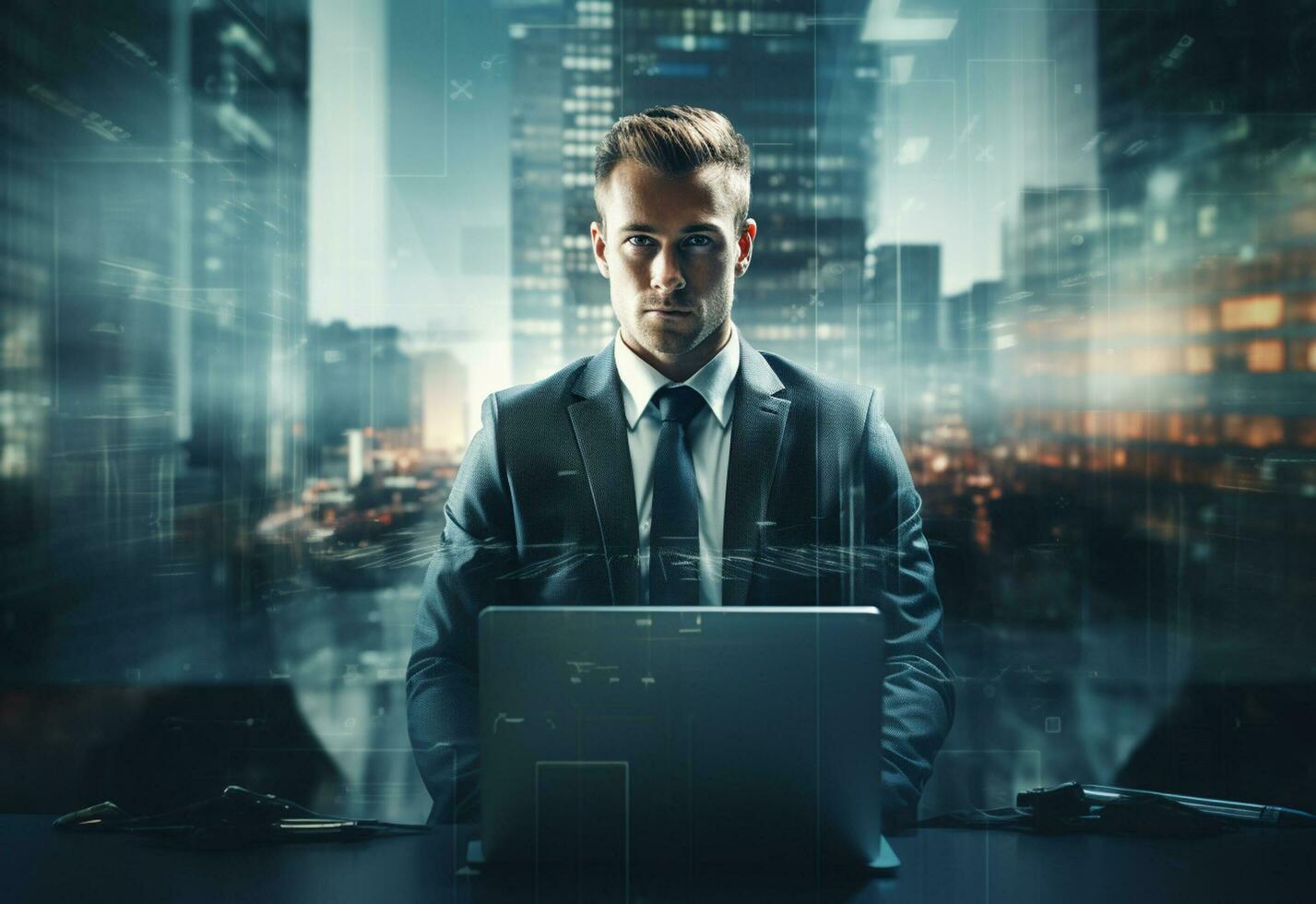 double exposure photo of a business man using laptop on his desk front view office background