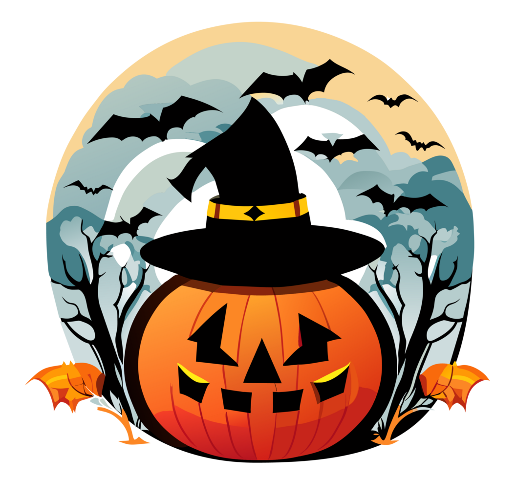 Halloween Pumpkin with Witch Hat and Bats png