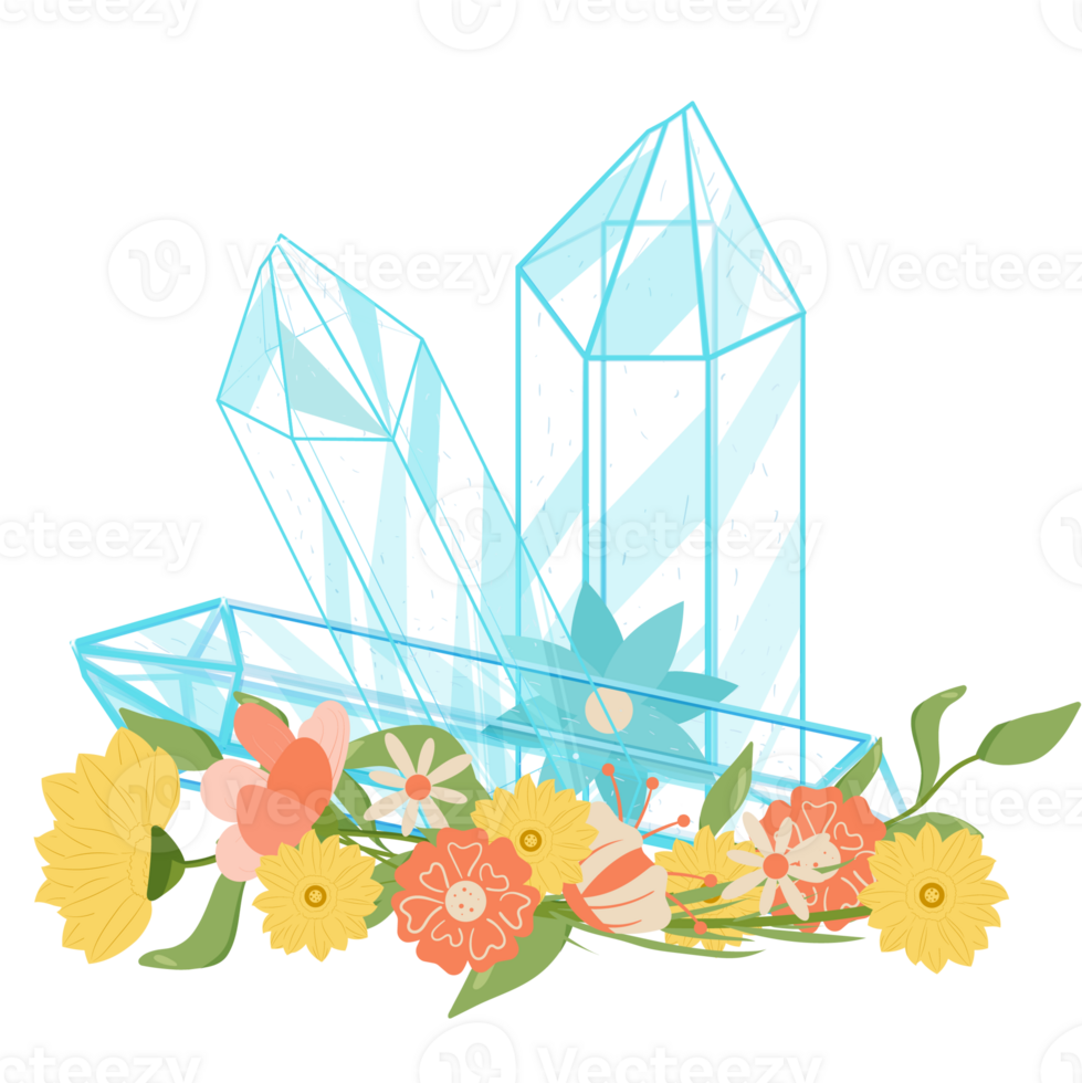 Outline Crystal. Curative Transparent Healing Quartz with Floral,Flowers. Gradient Clear Bright Gem with Frame. Magic Stone png