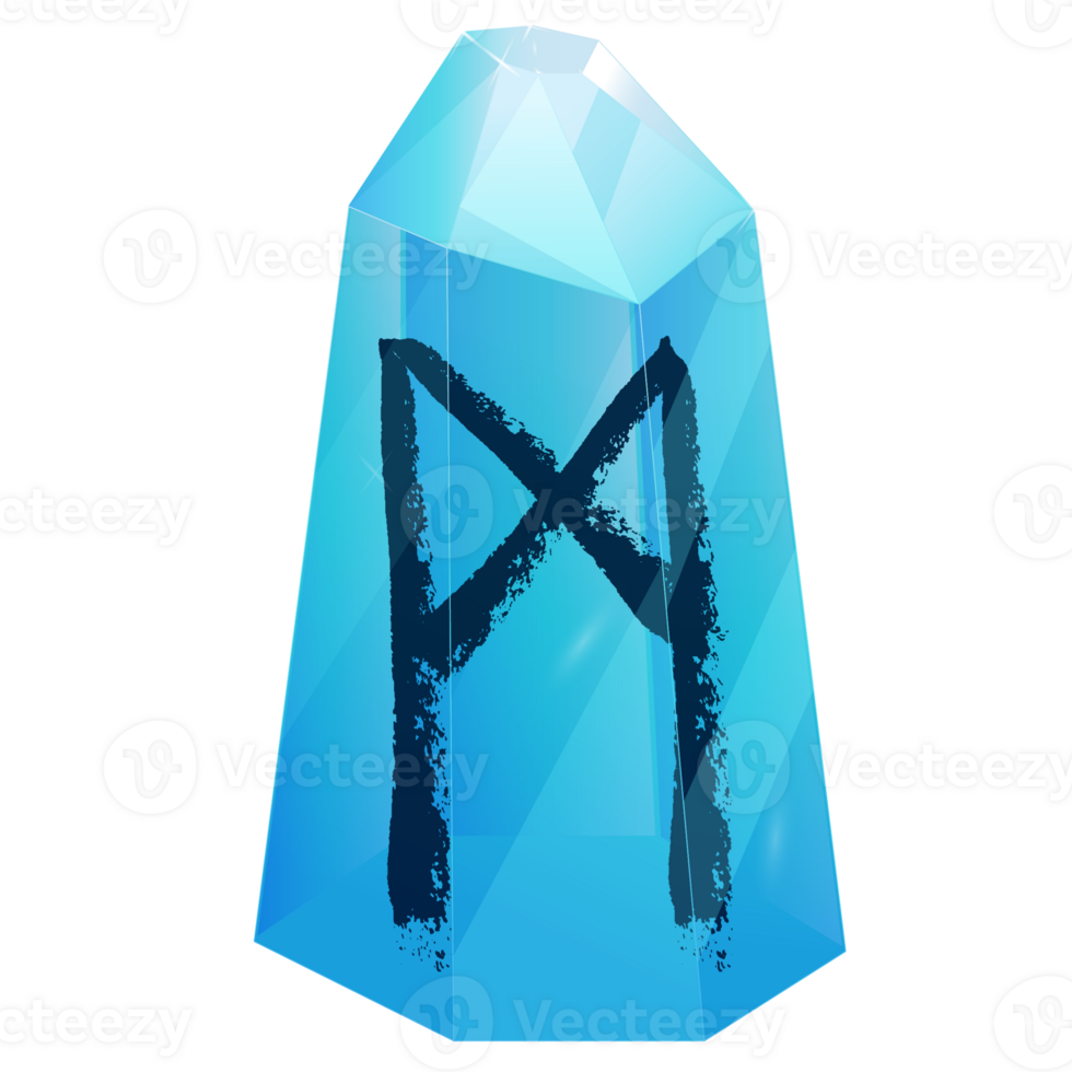 Crystal with Texture Rune Mannaz. Curative Transparent Healing Quartz. Blue Clear Bright Gem. Magic Stone png