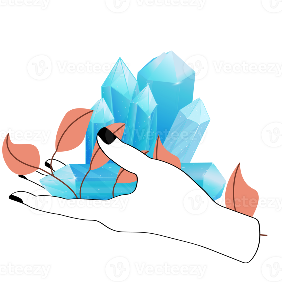 Crystal. Curative Transparent Healing Quartz. Gradient Clear Bright Gem with Outline Hand and Flower. Floral Magic Stone png