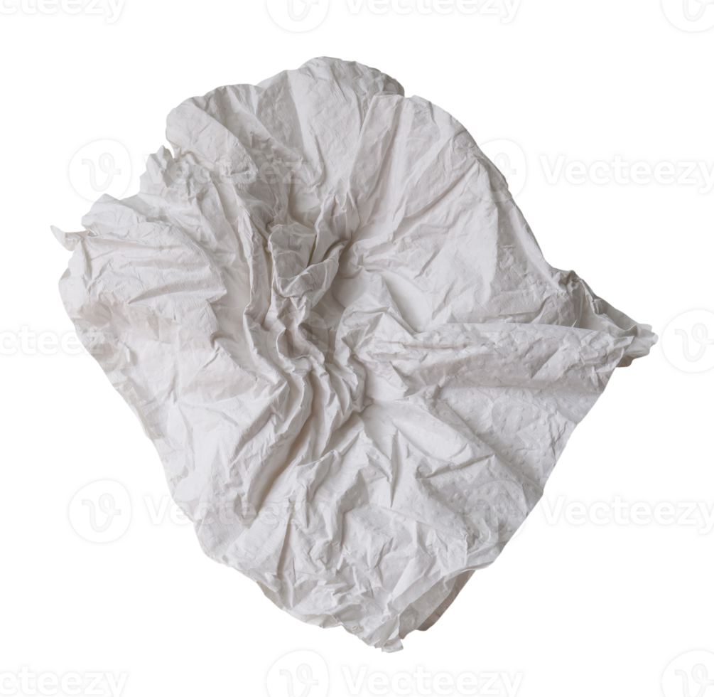 Single screwed or crumpled tissue paper or napkin in strange shape after use in toilet or restroom isolated with clipping path in png file format